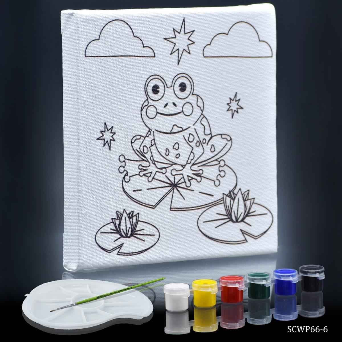 Canvas Stretched With Print Outline Frog with 6 Tempera paints, 1 Pallet, and 1 Brush ,6x6 inch FSCWP66-6