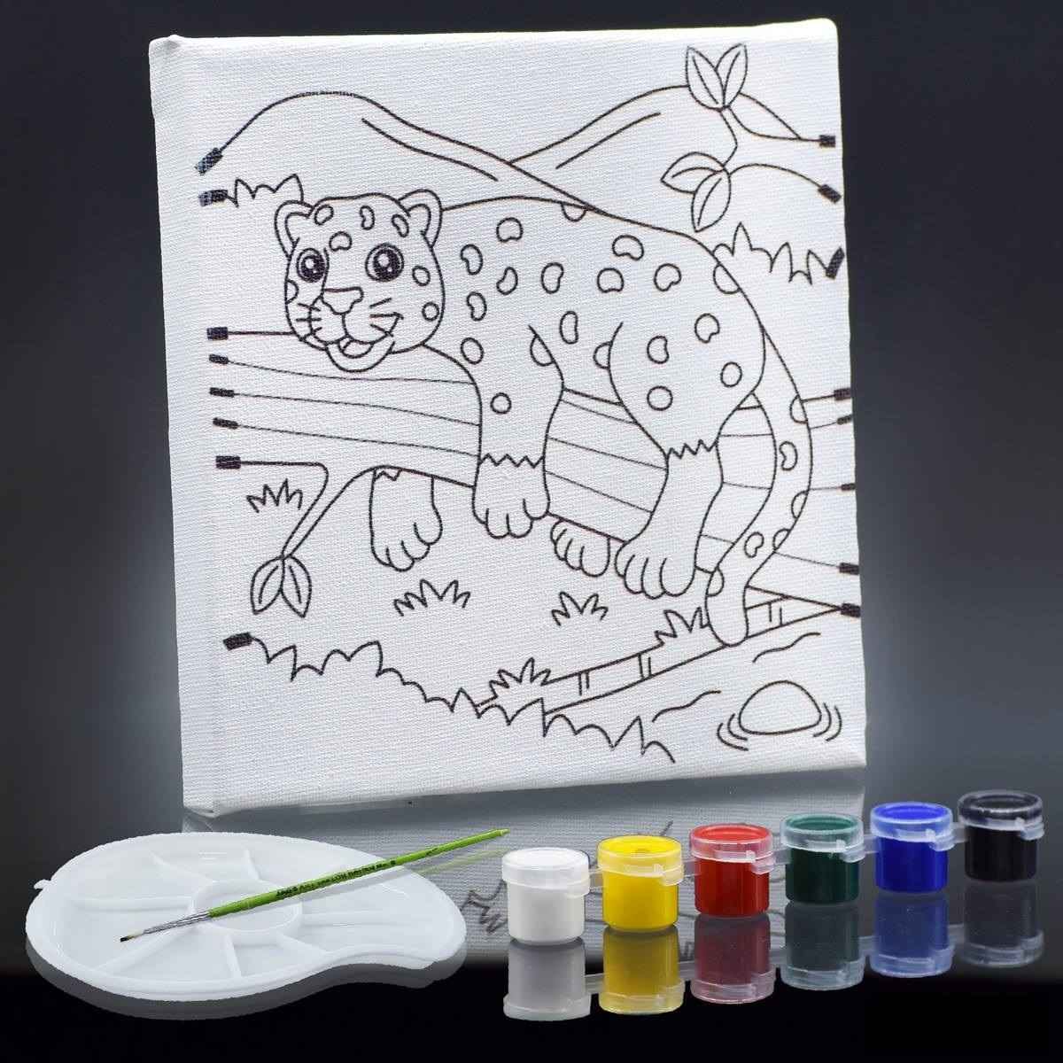 Canvas Stretched With Outline Print Leopard with 6 Tempera paints, 1 Pallet, and 1 Brush 6x6 Inch SCWP66-16