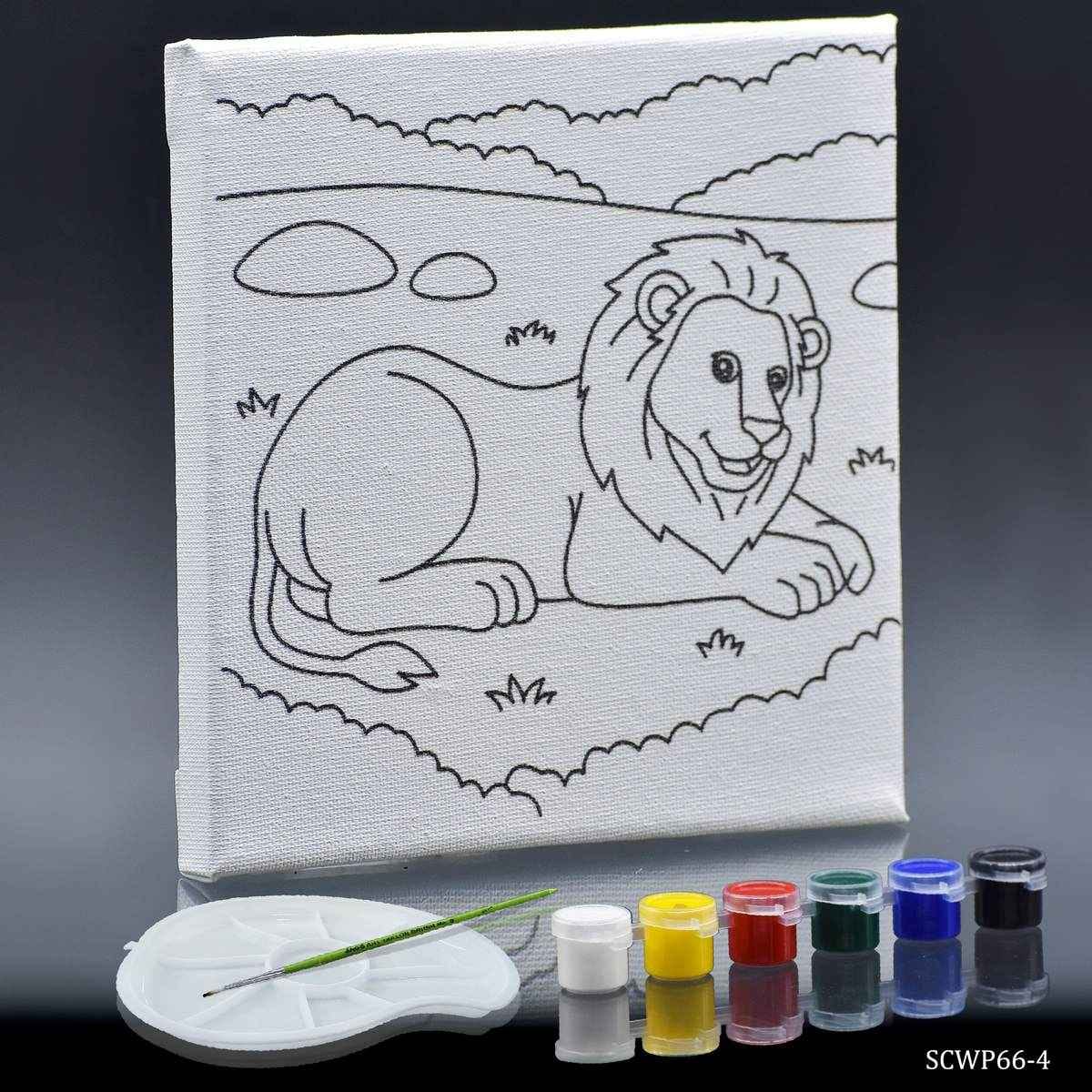 Canvas Stretched With Outline Lion Print with 6 Tempera paints, 1 Pallet, and 1 Brush 6x6 Inch SCWP66-4