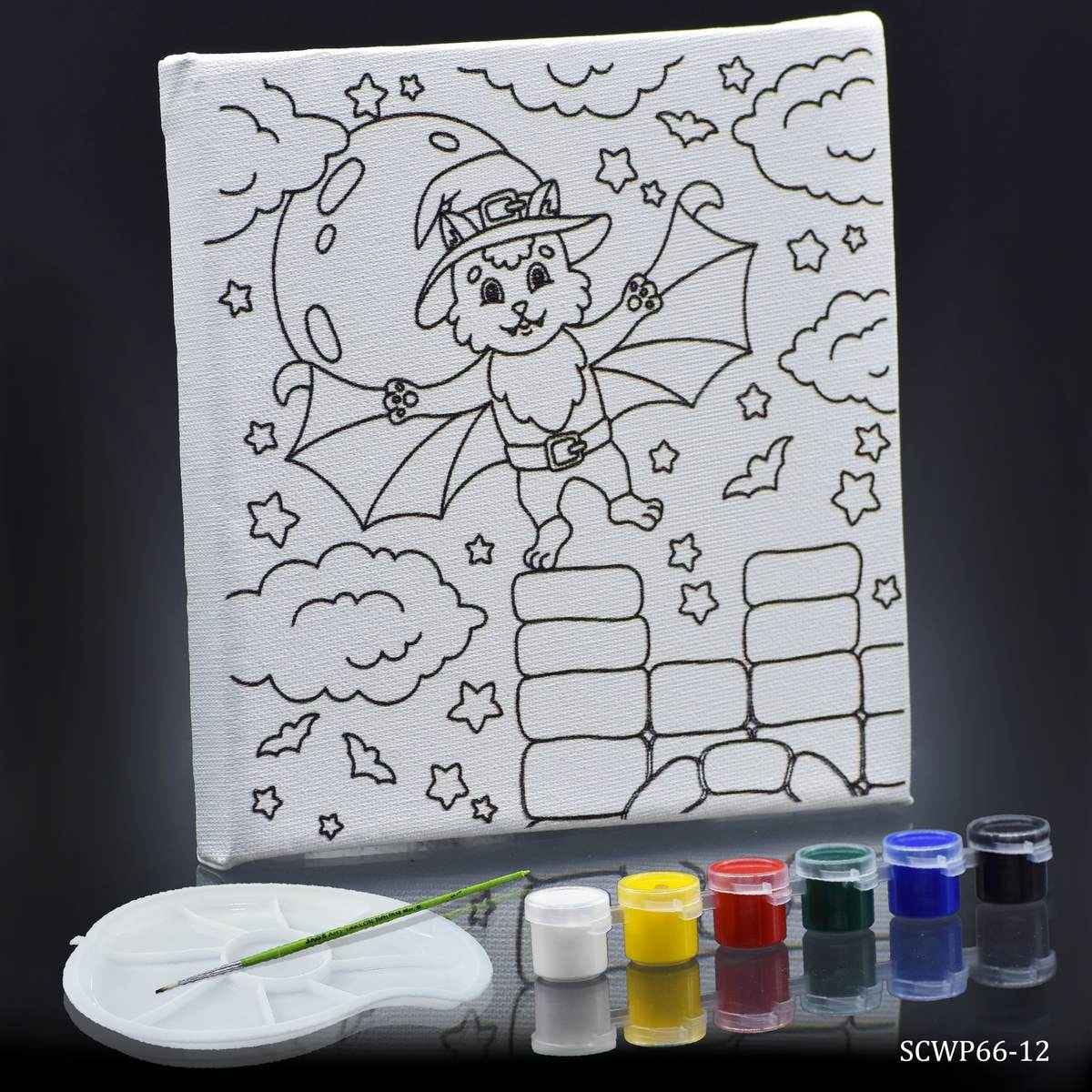 Canvas Stretched With Outline Print Magician with 6 Tempera paints, 1 Pallet, and 1 Brush 6x6 Inch SCWP66-12