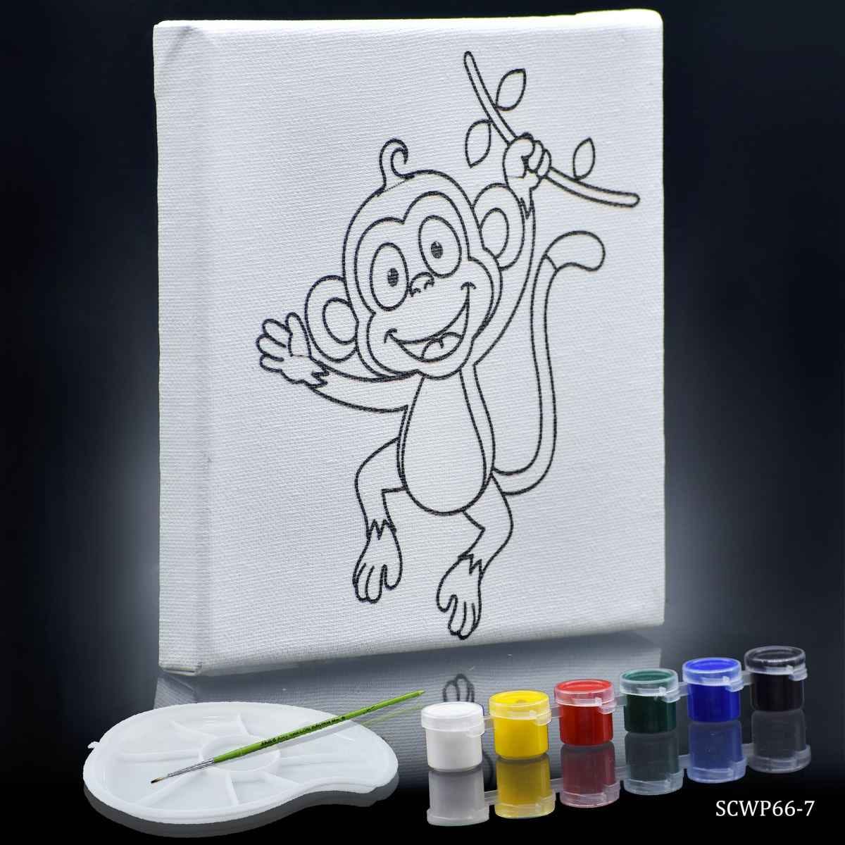 Canvas Stretched With Outline Print Monkey with 6 Tempera paints, 1 Pallet, and 1 Brush 6x6 inch SCWP66-7