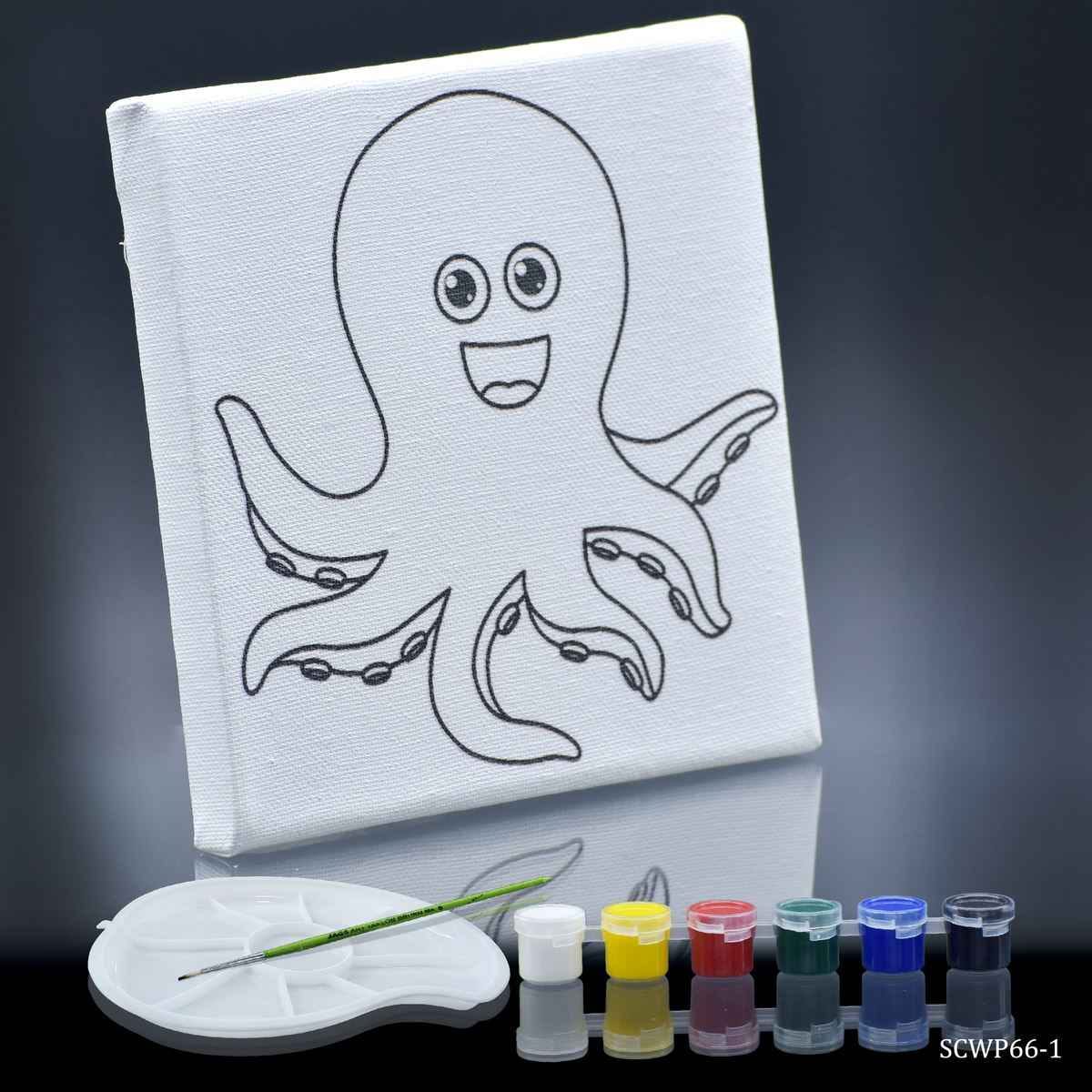 Canvas Stretched With Outline Print Octopus with 6 Tempera paints, 1 Pallet, and 1 Brush, 6x6Inch Octopus SCWP66-1