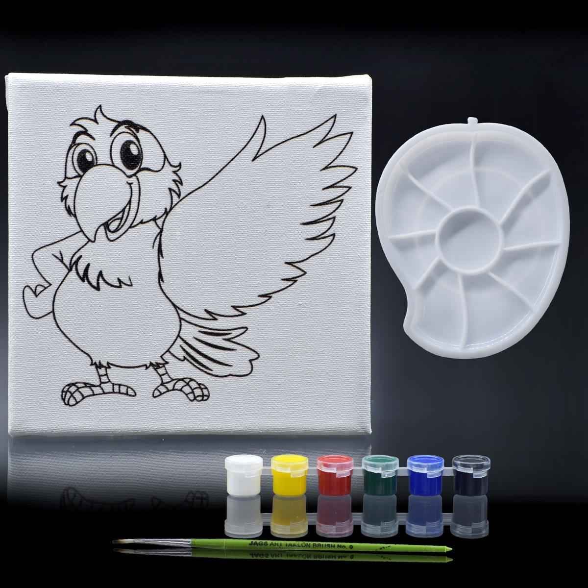 Canvas Stretched With Outline Print Parrot with 6 Tempera paints, 1 Pallet, and 1 Brush 6x6 Inch SCWP66-17