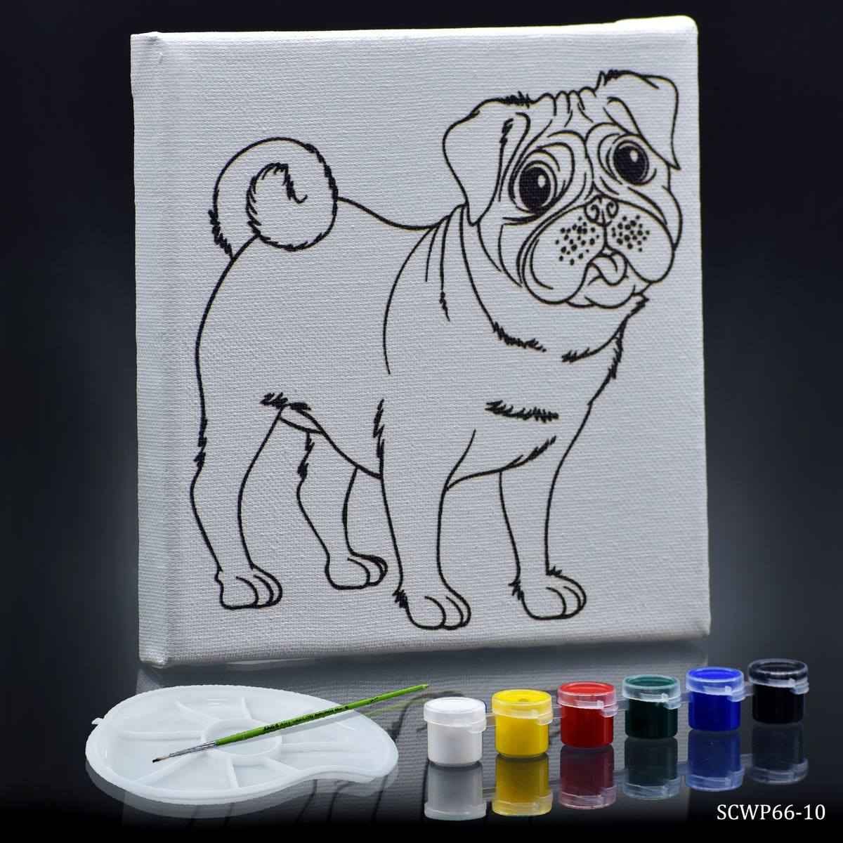 Canvas Stretched With Outline Print Pug with 6 Tempera paints, 1 Pallet, and 1 Brush 6x6 Inch SCWP66-10