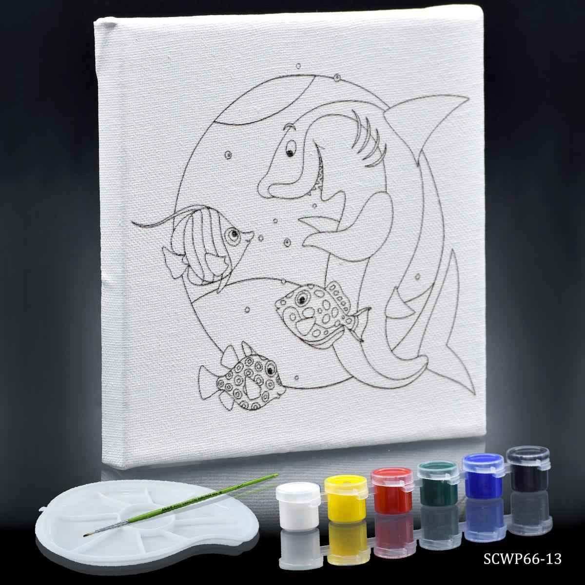 Canvas Stretched With Outline Print Sharkfish with 6 Tempera paints, 1 Pallet, and 1 Brush 6x6 Inch SCWP66-13
