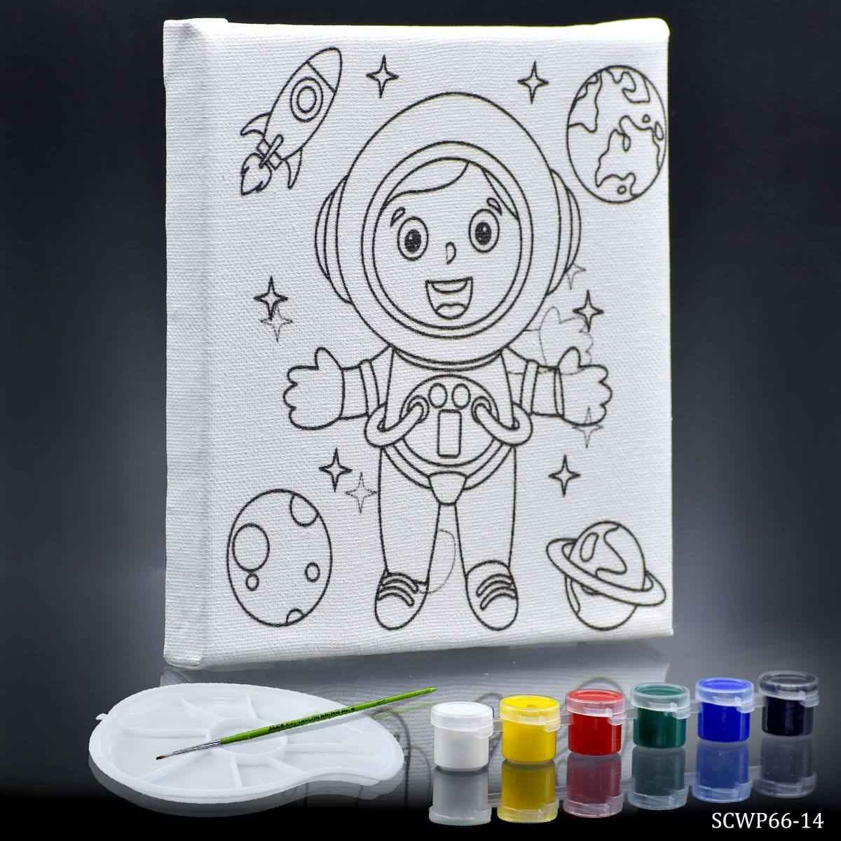 Canvas Stretched With Outline Print Spaceman with 6 Tempera paints, 1 Pallet, and 1 Brush 6x6Inch SCWP66-14