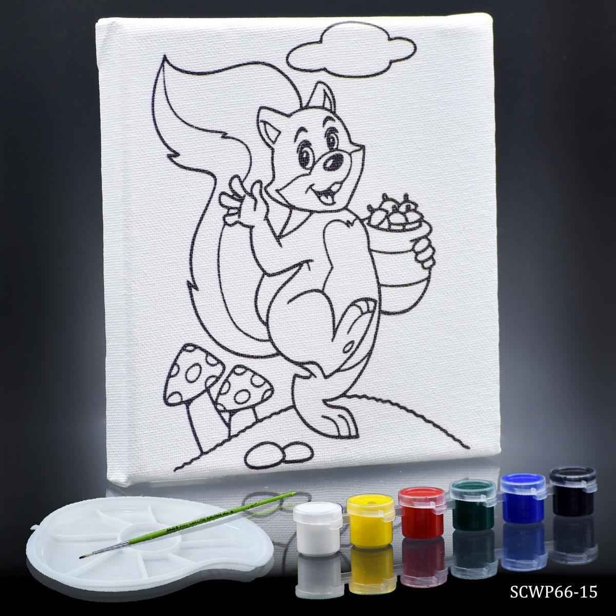 Canvas Stretched With Outline Print Squirrel with 6 Tempera paints, 1 Pallet, and 1 Brush 6x6 Inch SCWP66-15