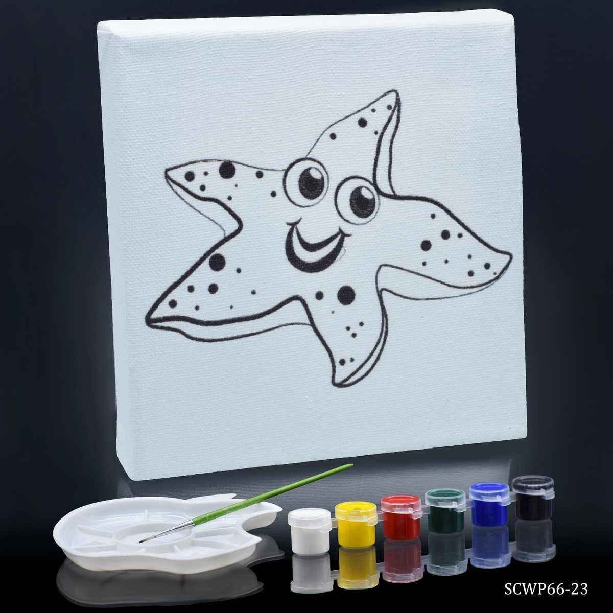 Canvas Stretched With Outline Print Star Fish with 6 Tempera paints, 1 Pallet, and 1 Brush 6x6 Inch SCWP66-23
