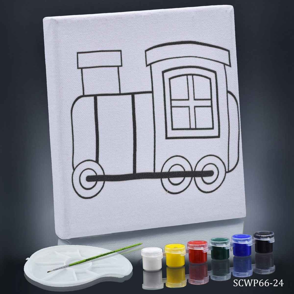 Canvas Stretched With Outline Print Train Engine with 6 Tempera paints, 1 Pallet, and 1 Brush 6x6Inch SCWP66-24