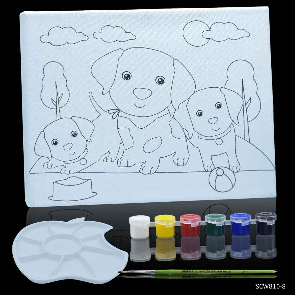 Canvas Stretched With Outline Print Baby Dog with 6 Tempera paints, 1 Pallet, and 1 Brush 8x10 Inch SCW810-8
