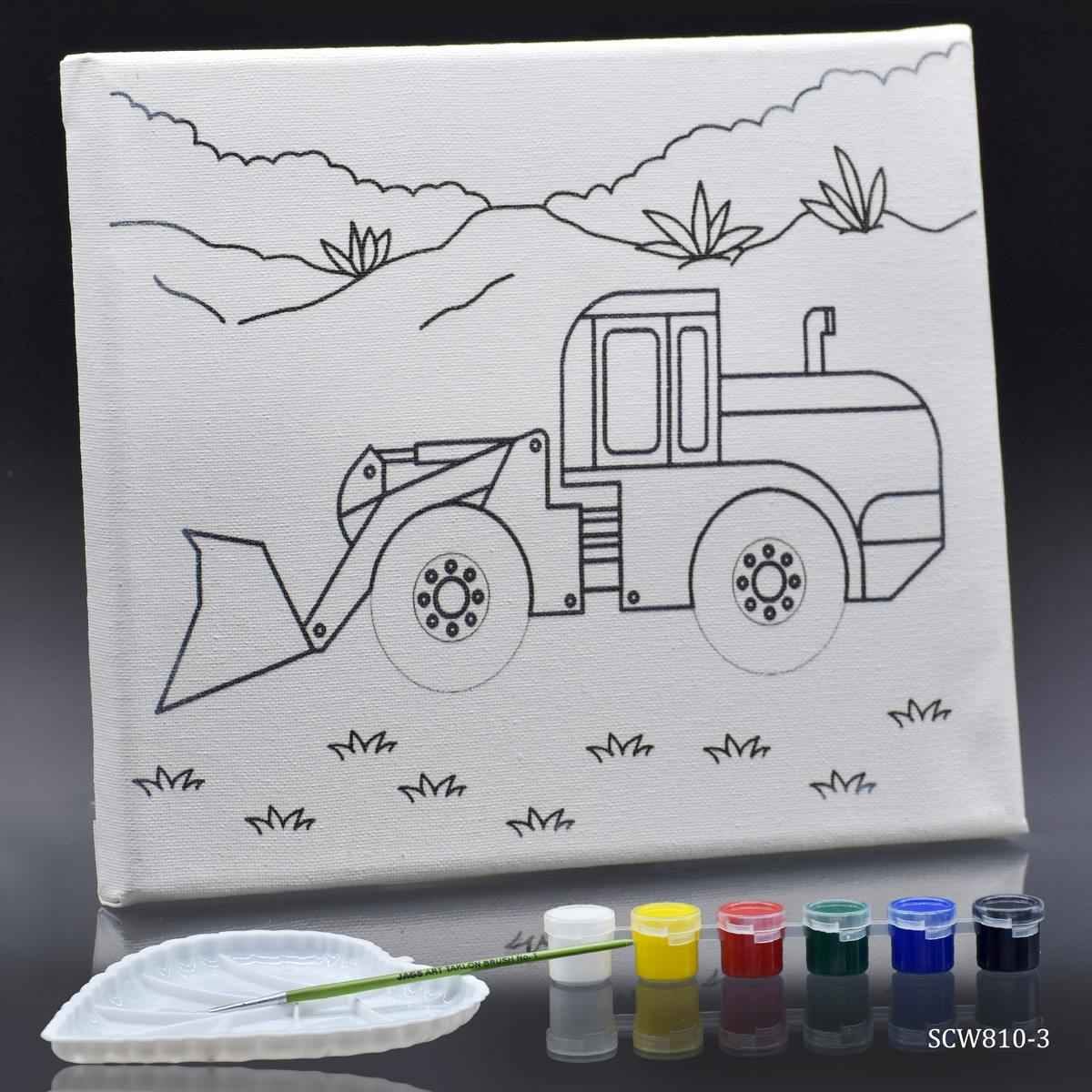 Canvas Stretched With Outline Print Bulldozer with 6 Tempera paints, 1 Pallet, and 1 Brush 8x10 Inch SCW810-3