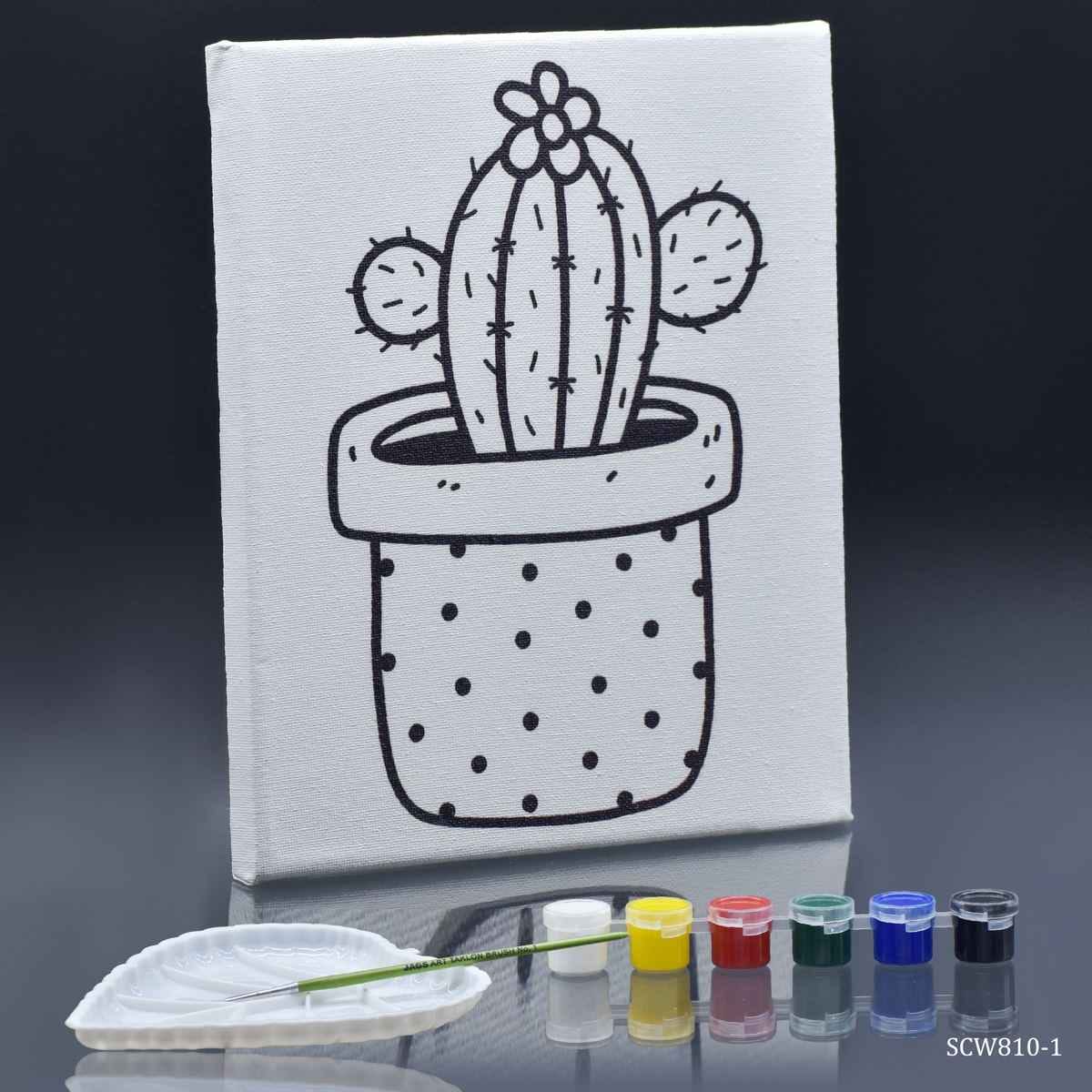 Canvas Stretched With Outline Print Cactus with 6 Tempera paints, 1 Pallet, and 1 Brush 8x10 Inch Cactus SCW810-1
