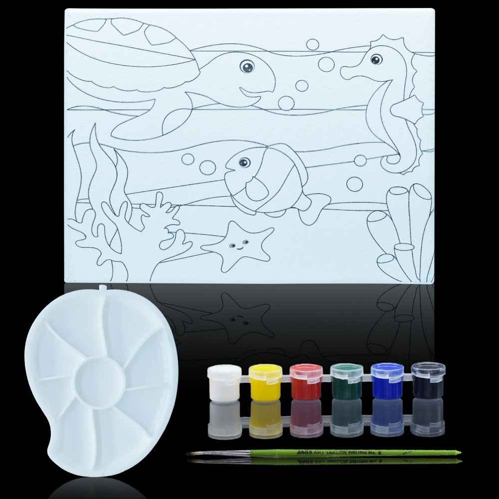 Canvas Stretched With Outline Print Fish with 6 Tempera paints, 1 Pallet, and 1 Brush 8x10 Inch SCW810-9