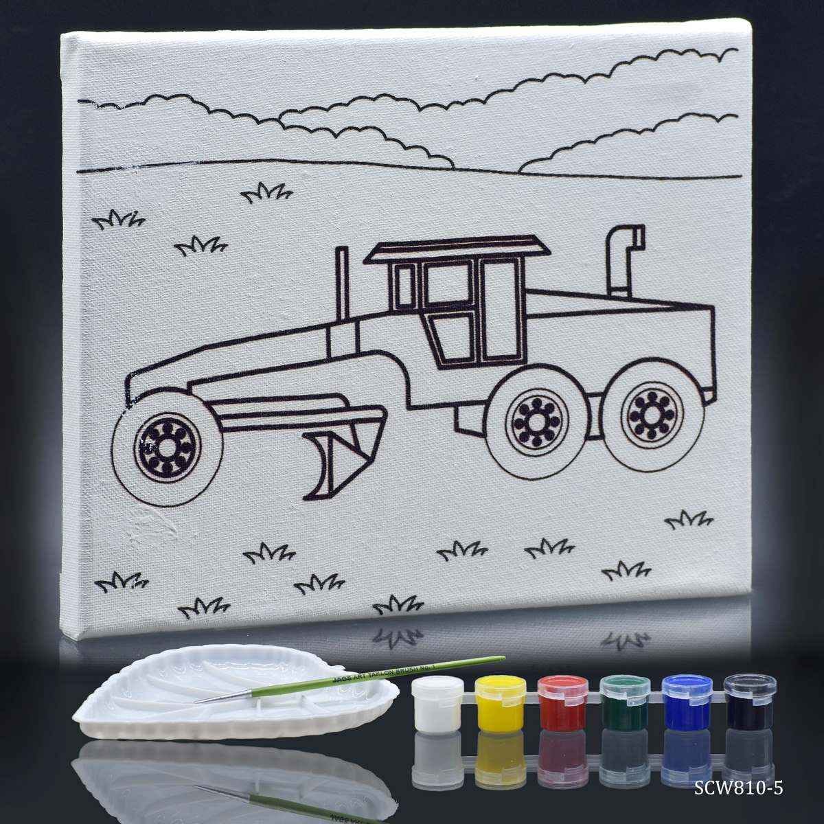 Canvas Stretched With Outline Print JCB with 6 Tempera paints, 1 Pallet, and 1 Brush 8x10 Inch SCW810-5