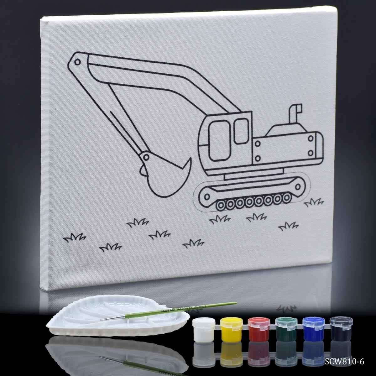 Canvas Stretched With Outline Print JCB with 6 Tempera paints, 1 Pallet, and 1 Brush 8x10 Inch JCB SCW810-6