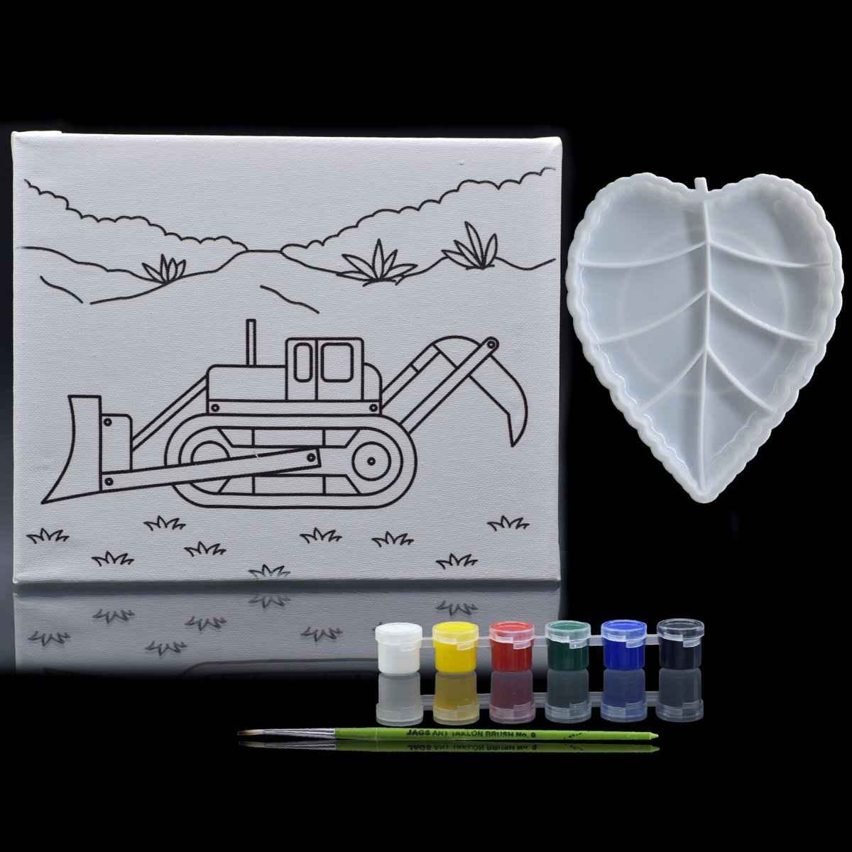 Canvas Stretched With Outline Print JCB with 6 Tempera paints, 1 Pallet, and 1 Brush 8x10 Inch JCB SCW810-7