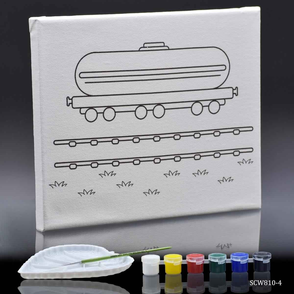 Canvas Stretched With Outline Print Oil Tank with 6 Tempera paints, 1 Pallet, and 1 Brush 8x10 Inch SCW810-4