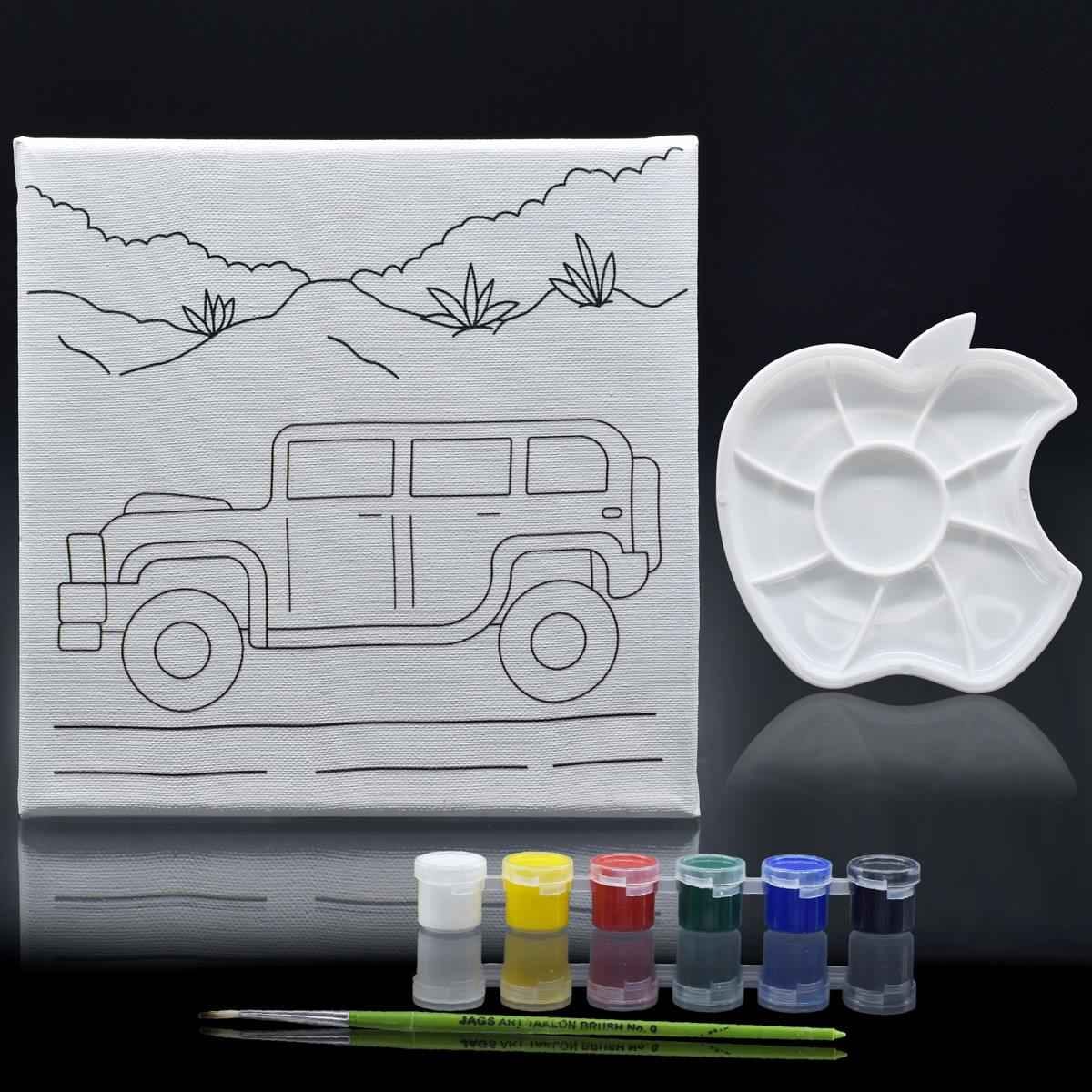 Canvas Stretched With Outline Print Bolerocar with 6 Tempera paints, 1 Pallet, and 1 Brush 8x8 Inch SCWP88-7