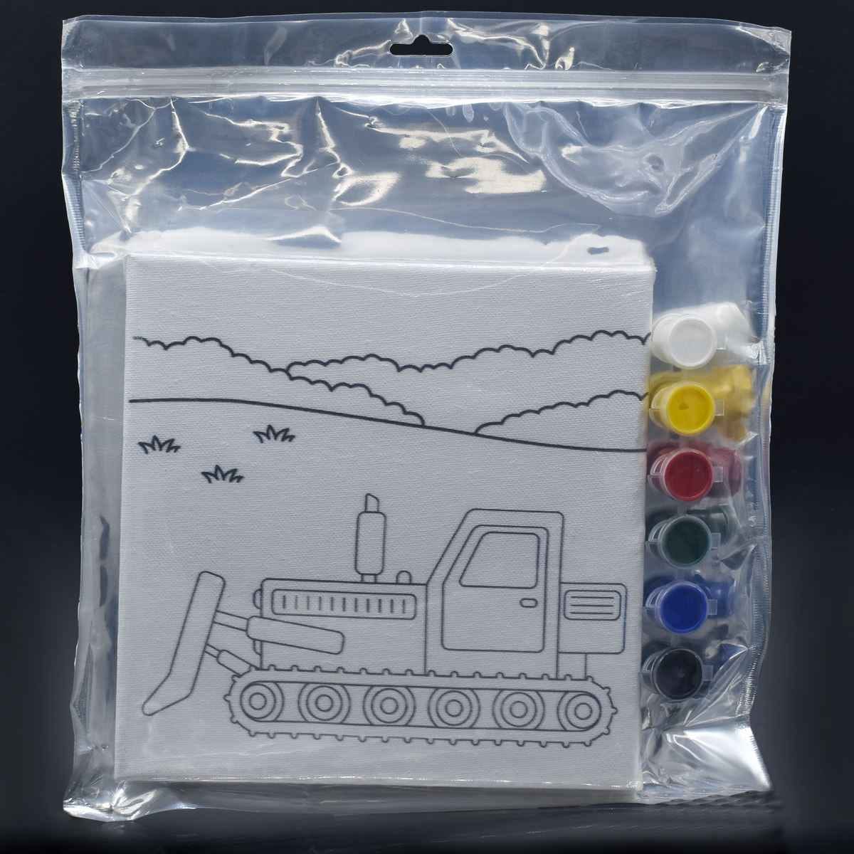 Canvas Stretched With Outline Print Buldozer with 6 Tempera paints, 1 Pallet, and 1 Brush 8x8 Inch SCWP88-3