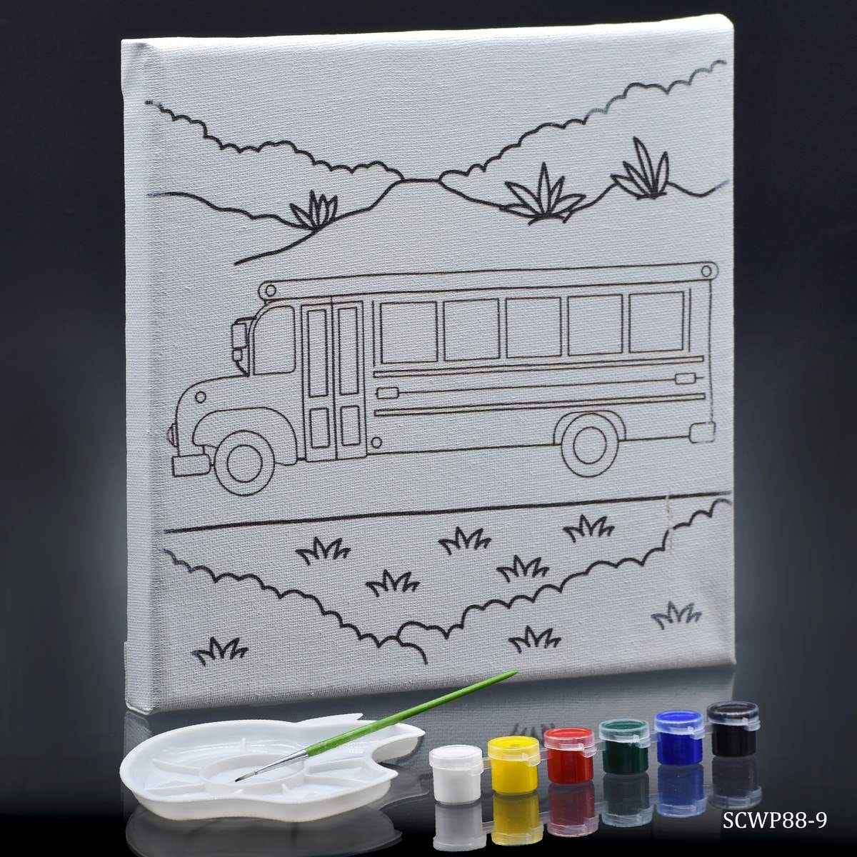 Canvas Stretched With Outline Print Bus with 6 Tempera paints, 1 Pallet, and 1 Brush 8x8 Inch SCWP88-9