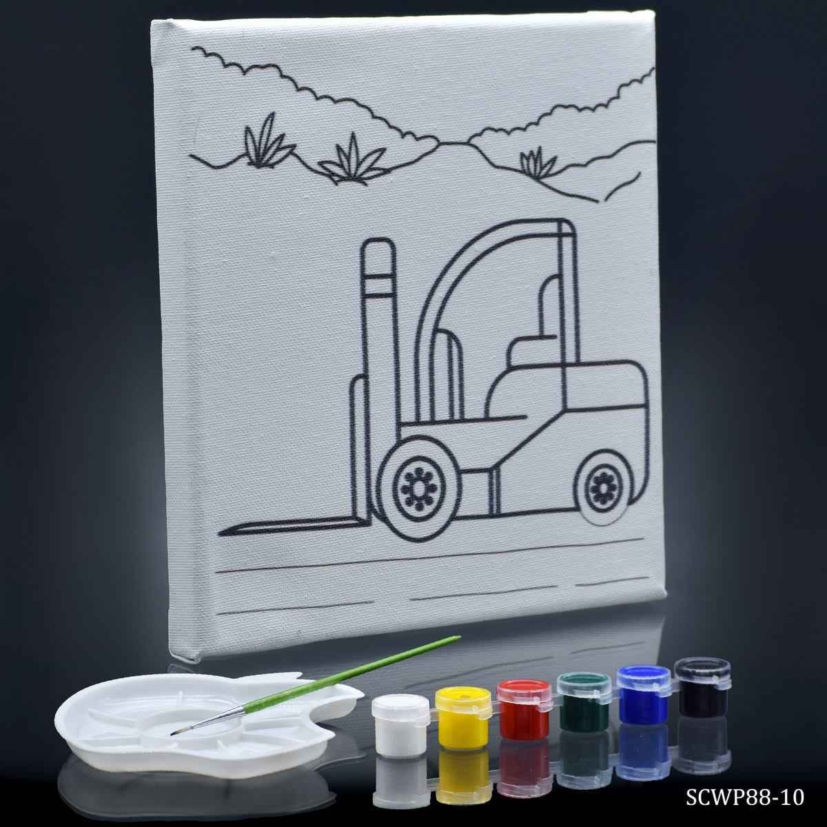Canvas Stretched With Outline Print Forklift truck with 6 Tempera paints, 1 Pallet, and 1 Brush 8x8Inch SCWP88-10