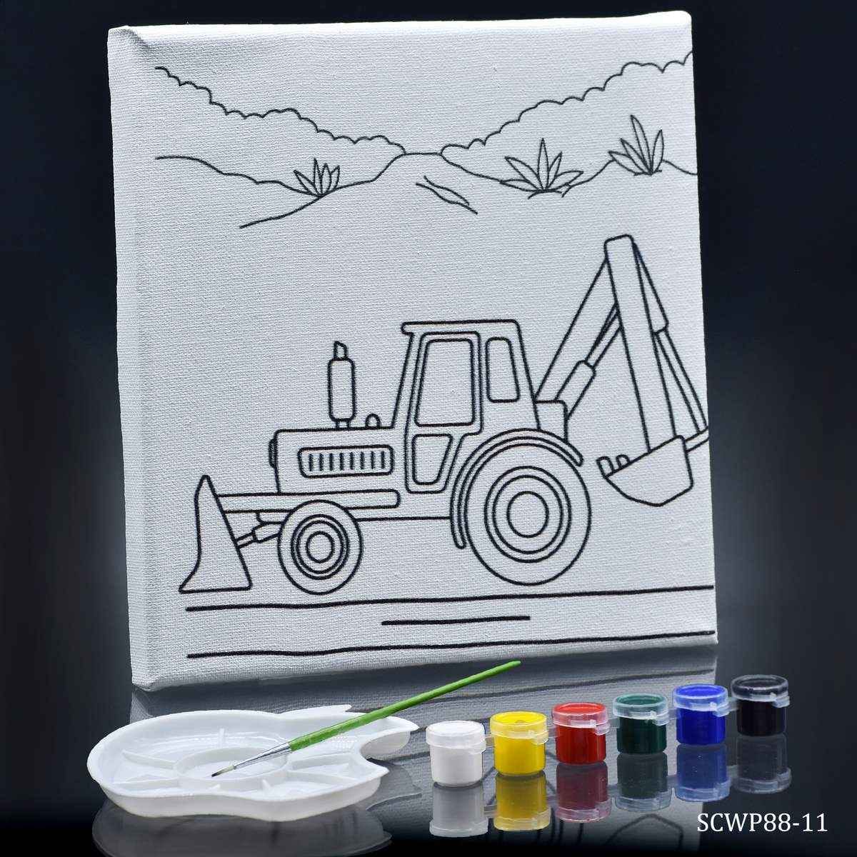 Canvas Stretched With Outline Print JCB with 6 Tempera paints, 1 Pallet, and 1 Brush 8x8Inch SCWP88-11