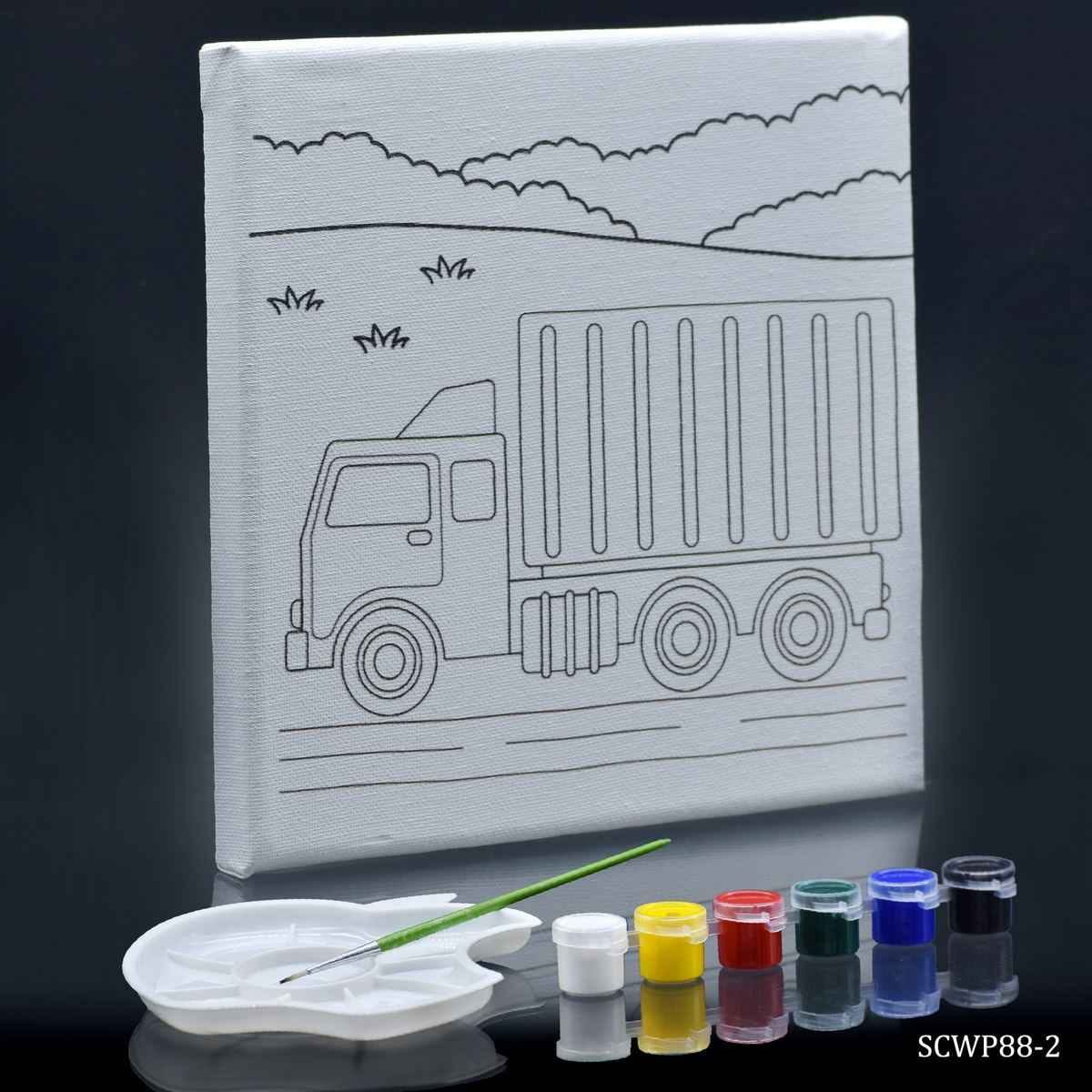 Canvas Stretched With Outline Print M Truck with 6 Tempera paints, 1 Pallet, and 1 Brush 8x8Inch SCWP88-2
