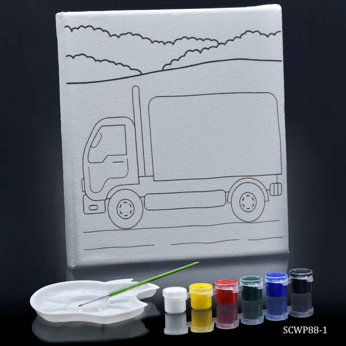 anvas Stretched With Outline Print Small Truck with 6 Tempera paints, 1 Pallet, and 1 Brush 8x8Inch SCWP88-1