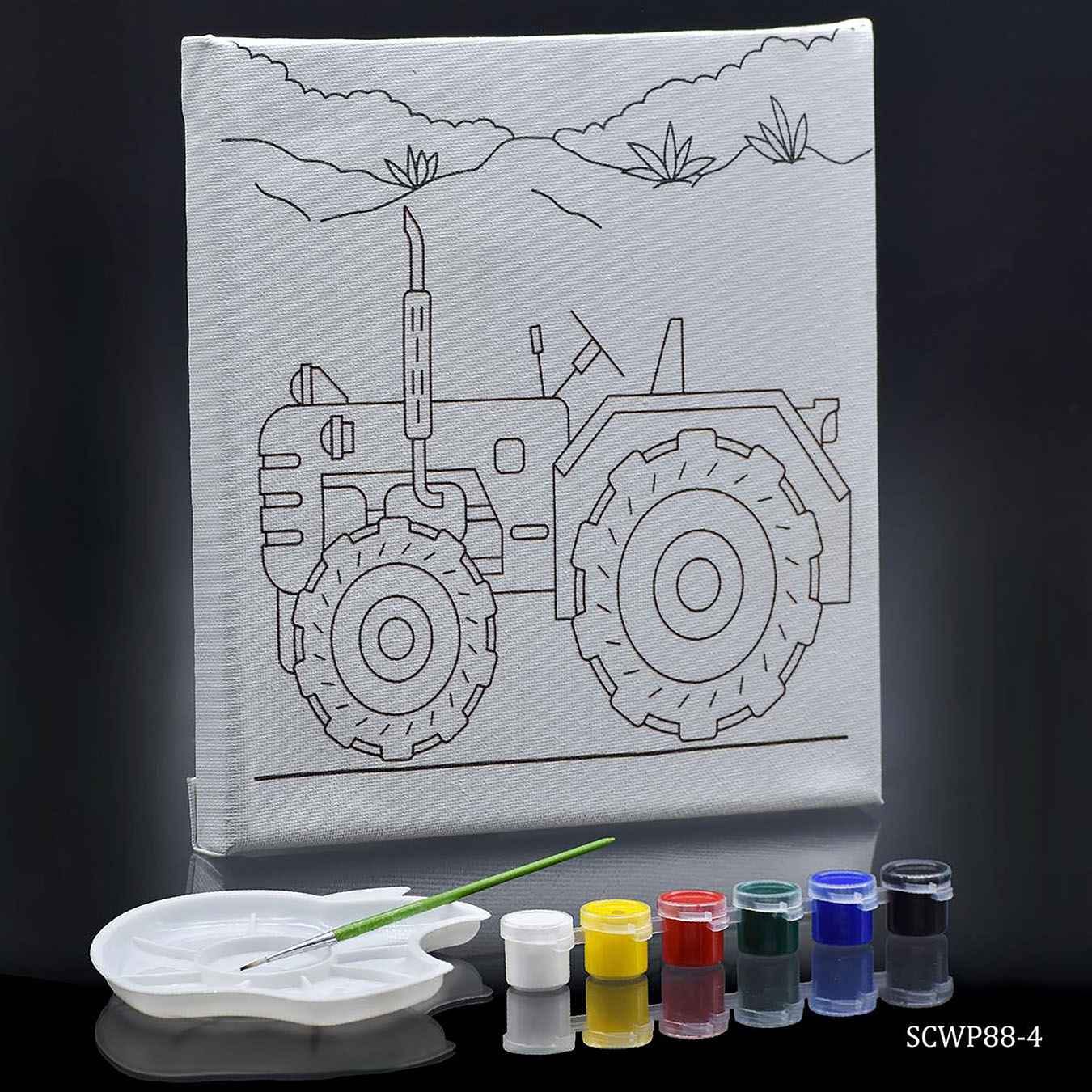 Canvas Stretched With Outline Print Tractor with 6 Tempera paints, 1 Pallet, and 1 Brush 8x8Inch SCWP88-4