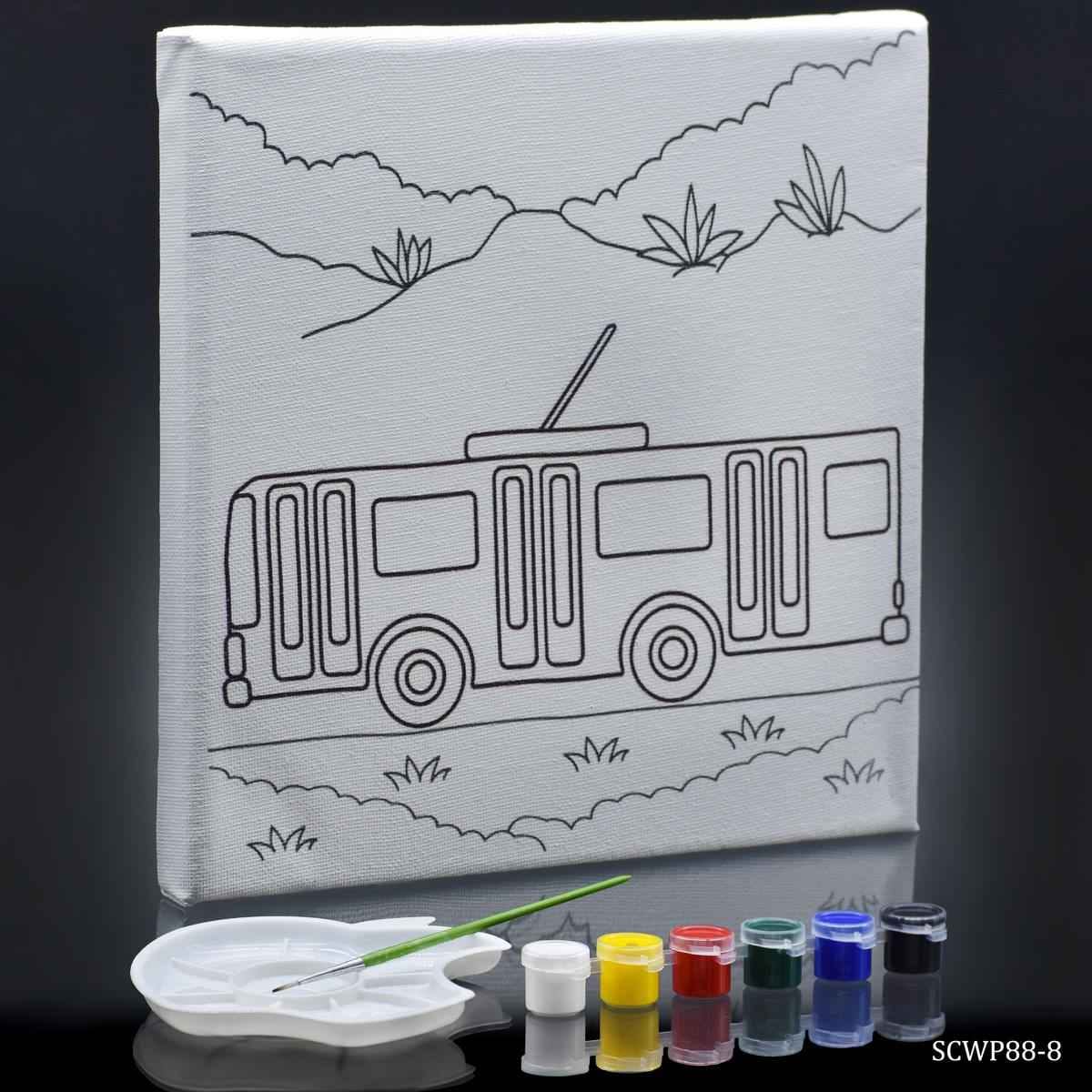 Canvas Stretched With Outline Print Trump Bus with 6 Tempera paints, 1 Pallet, and 1 Brush 8x8Inch SCWP88-8