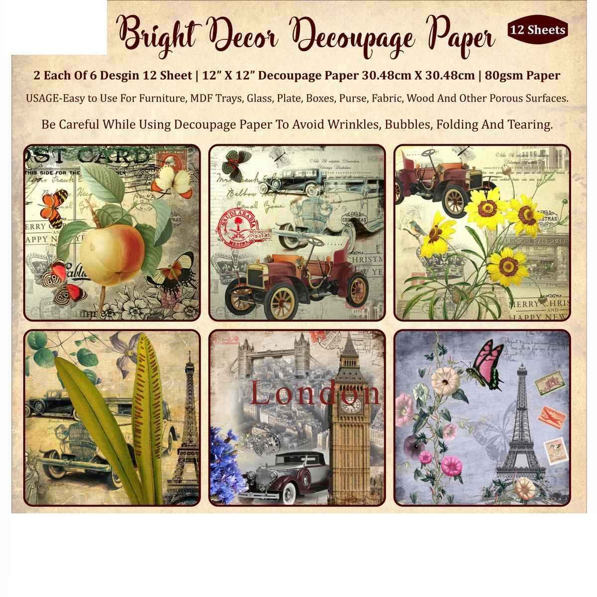 Crafts Bright Decor Decoupage Paper 12 Inch X 12 Inch, Pack of 12 Sheets 2 Sheets of 6 Designs BDDP12X12