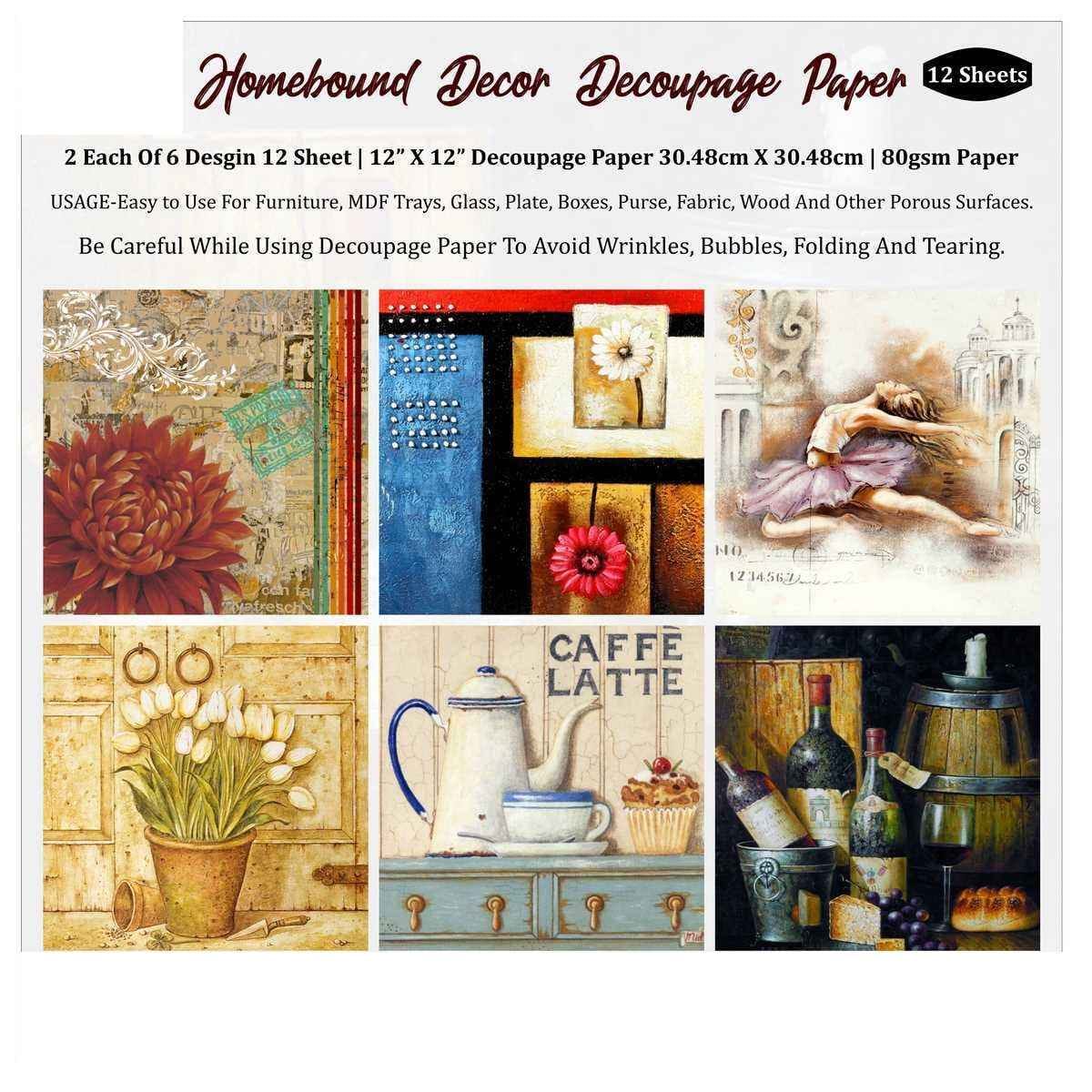 Crafts Homebound Decor Decoupage Paper 12 Inch X 12 Inch Pack of 12 Sheets 2 Sheets of 6 Designs. HDDP12X12