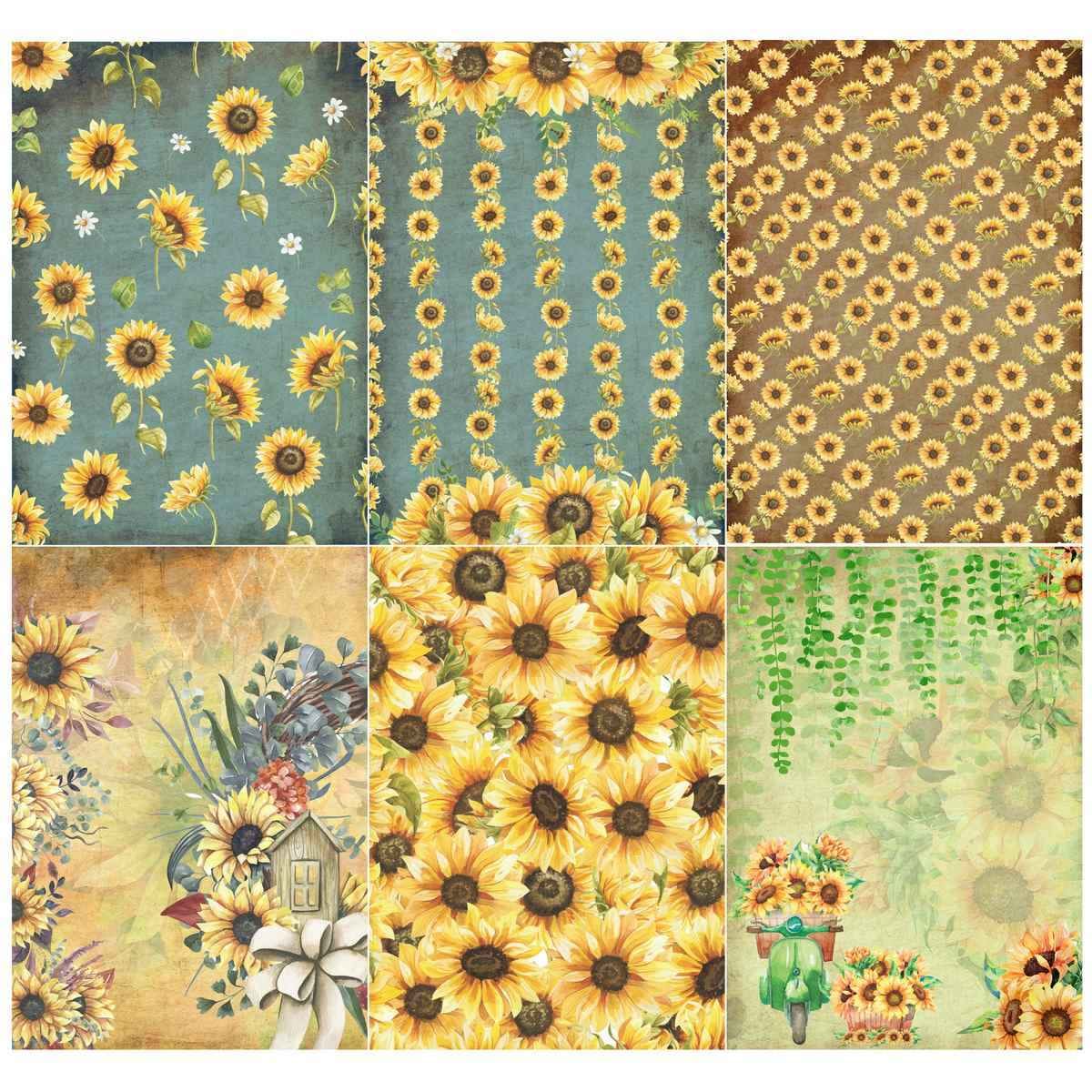 A4 Helianthus, Crafts Paper for Scrapbook Pack of 24 sheets (3 sheets each of 6 designs) and 3 Elements Sheet, 3 Tag Sheets JPHA4X24