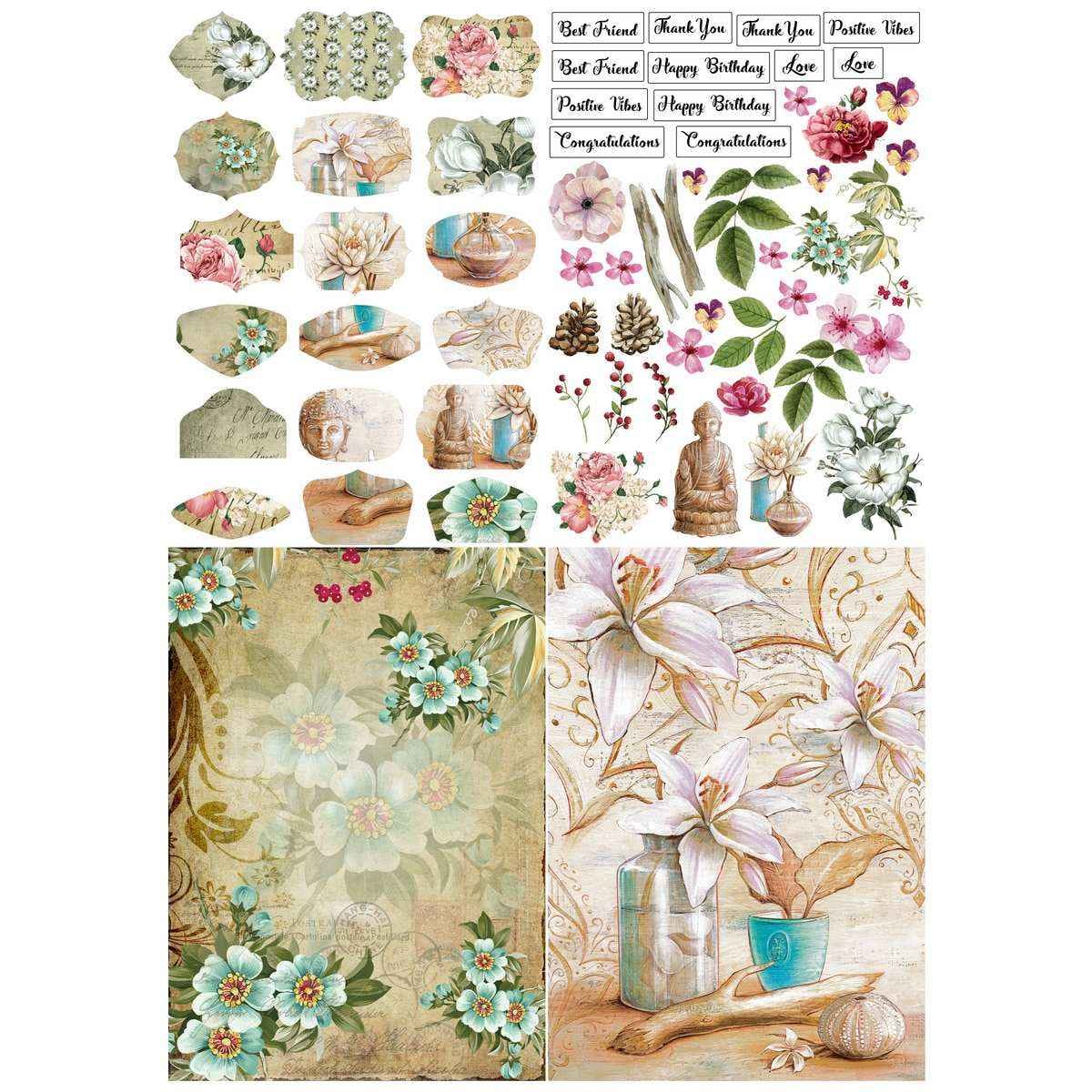 A4 The Vintage Floral, Crafts Paper for Scrapbook Pack of 24 sheets (3 sheets each of 6 designs) and 3 Elements Sheets, 3 Tag Sheets JPTVA4X24