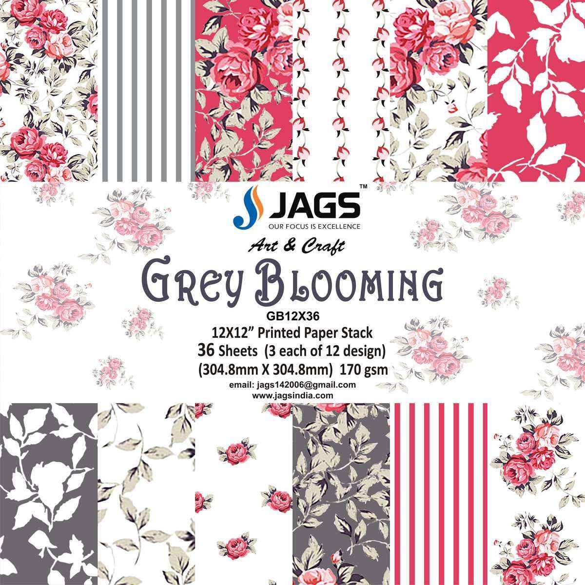 Grey Blooming Paper Design 12X12 Inch 36 Sheets GB12X36