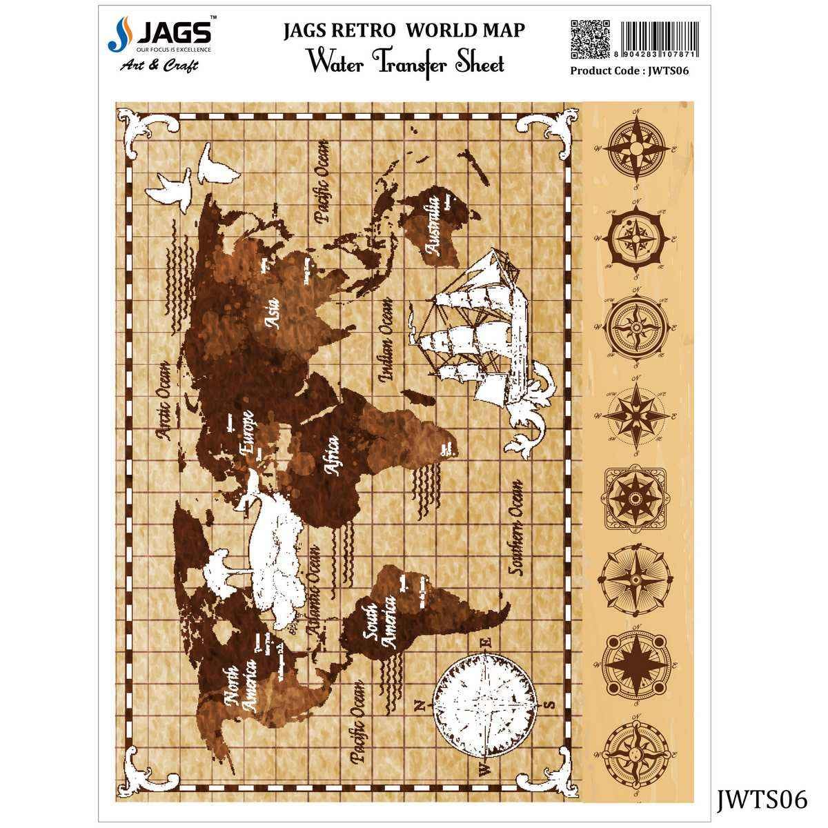 Retro World Map Water Transfer Sheet 9X7 Inches JWTS06