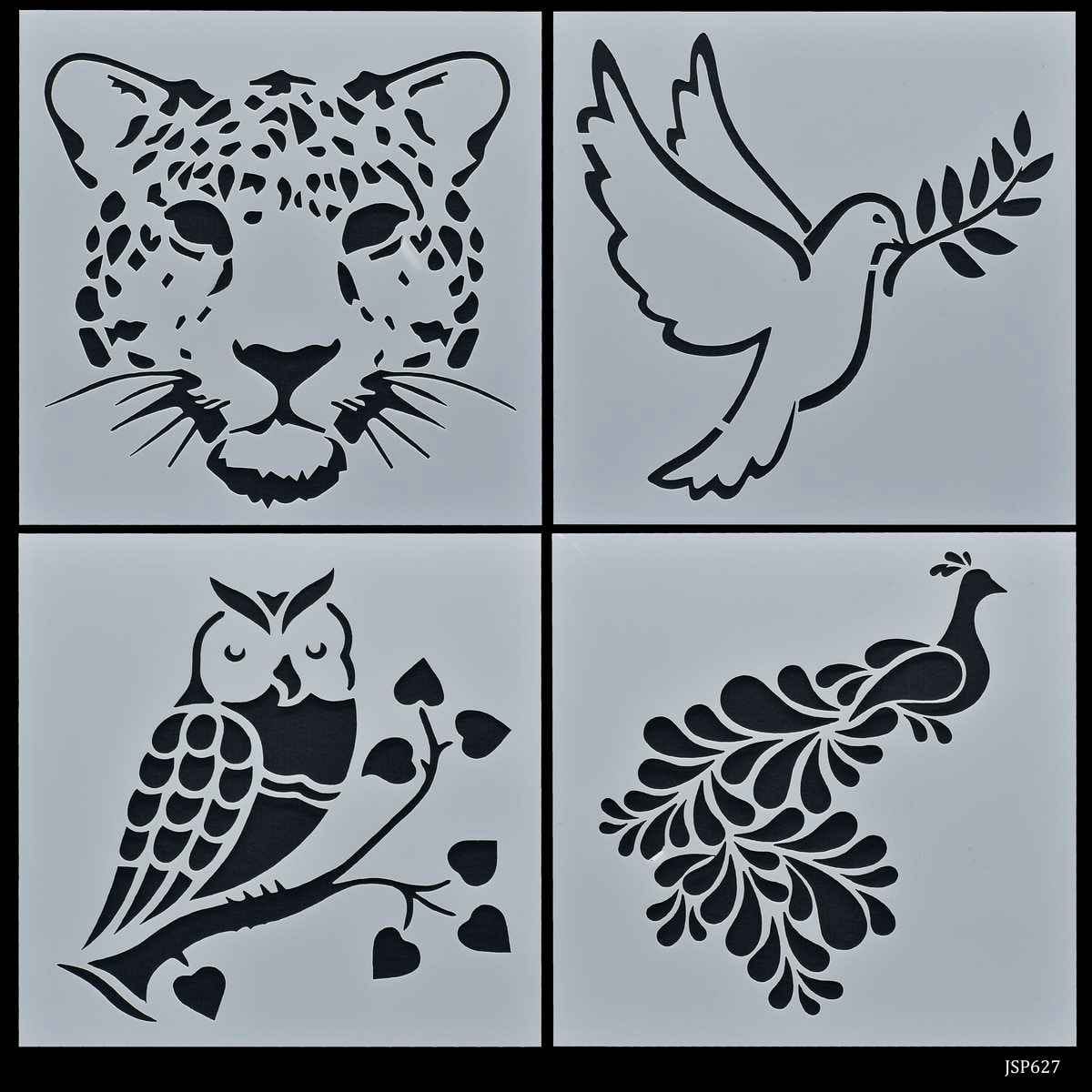 Crafts Birds Drawing Stencil Plastic 4 Pcs Set 6x6 Inch JSP627
