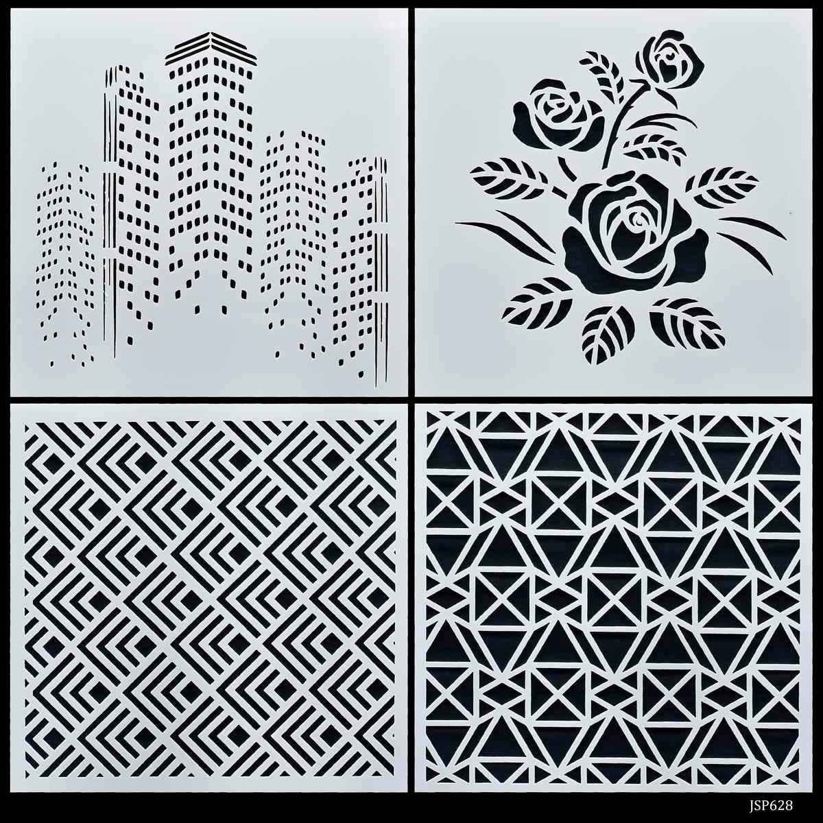 Crafts Rose Drawing Stencil Plastic 4 Pcs Set 6x6 Inch JSP628