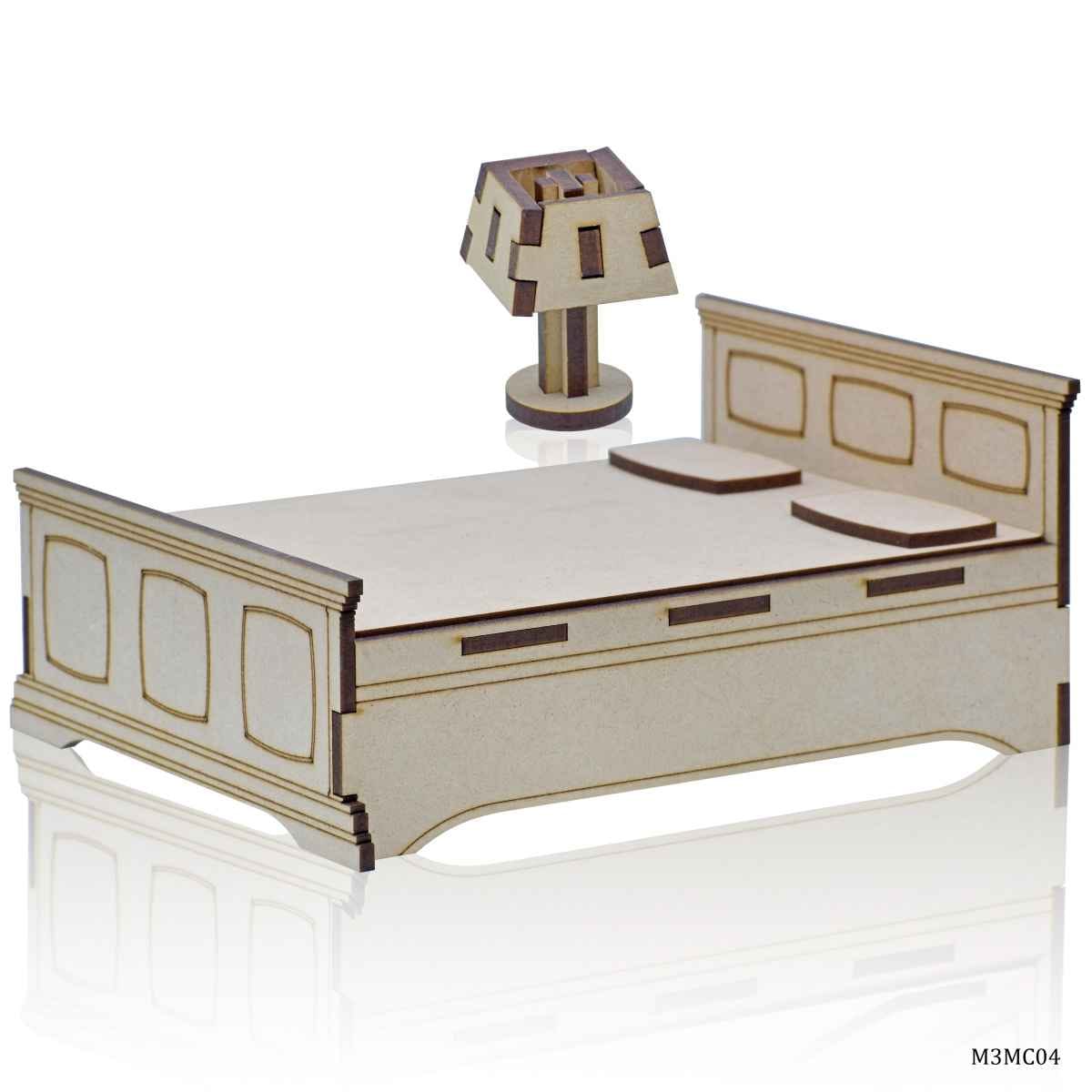 MDF Wooden 3D Miniature Cutout Pack of 1 Lamp and 1 King bed M3MC04