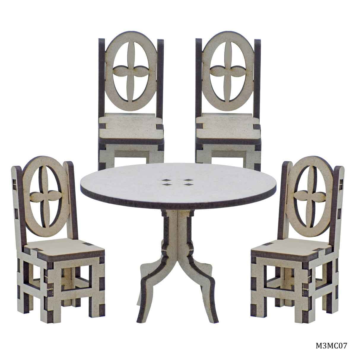 MDF Wooden 3D Miniature Cutout Set of 4 Pcs Chair With Table M3MC07