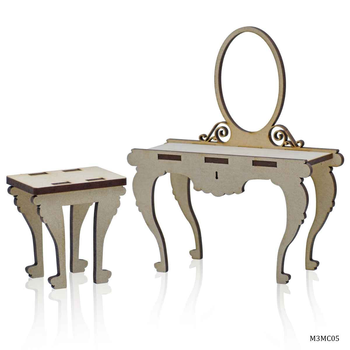 MDF Wooden 3D Miniature Cutout Dressing Mirror With Bench M3MC05