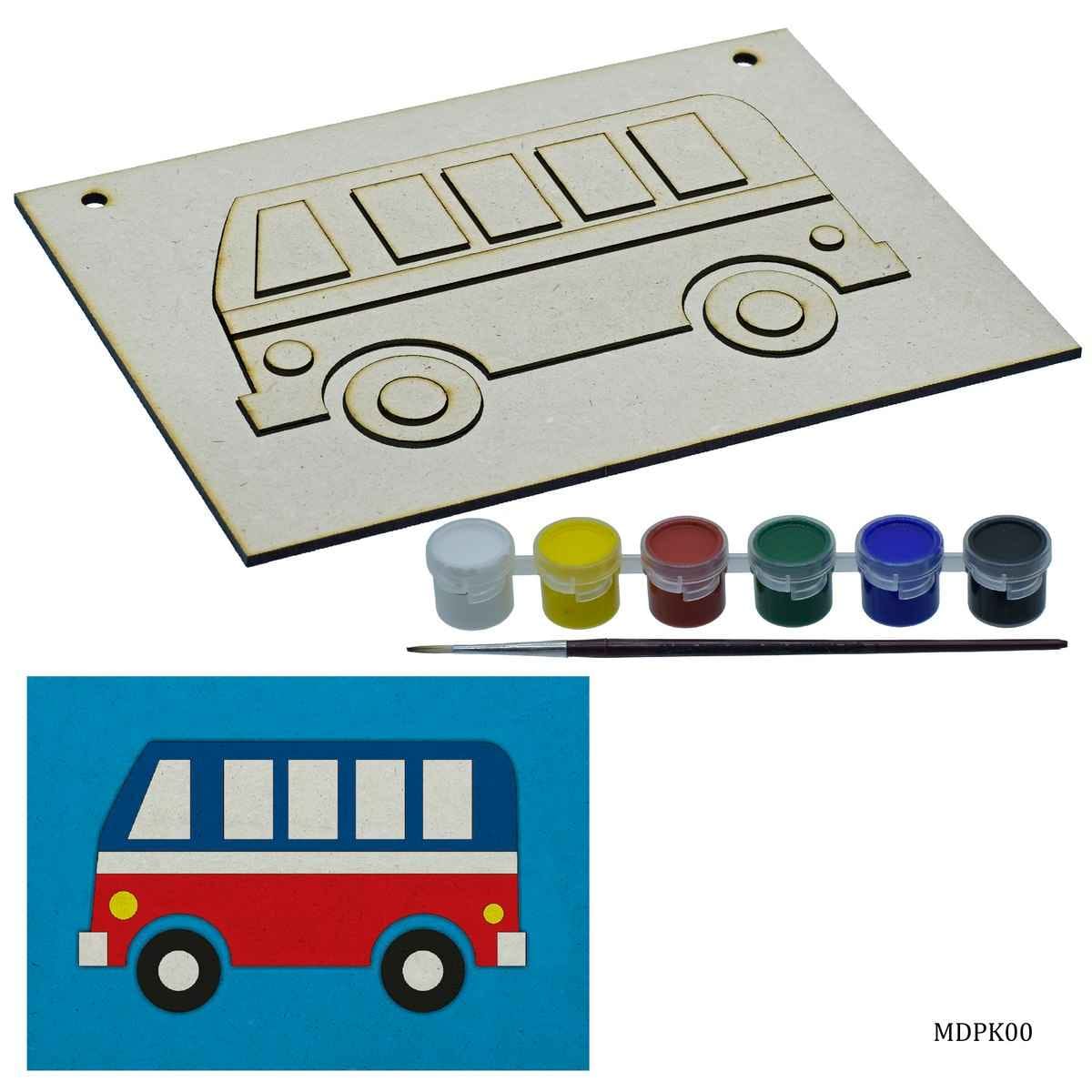 MDF Woodem DIY Painting Kit 3D A5 Bus, Pack Contains 2 DIY A5 pre-marked Cut-outs, 1 painting brush & paints.MDPK00