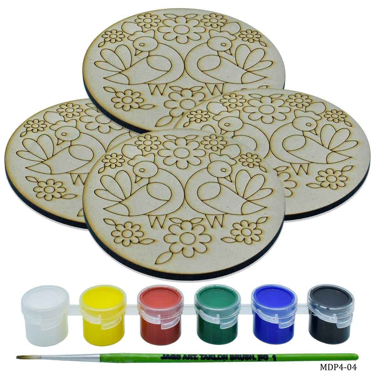 MDF DIY Painting Kit Round 2 F Bird 4 Inch 4Pcs Set, 1 Brush & 6 Water Colors MDP4-04