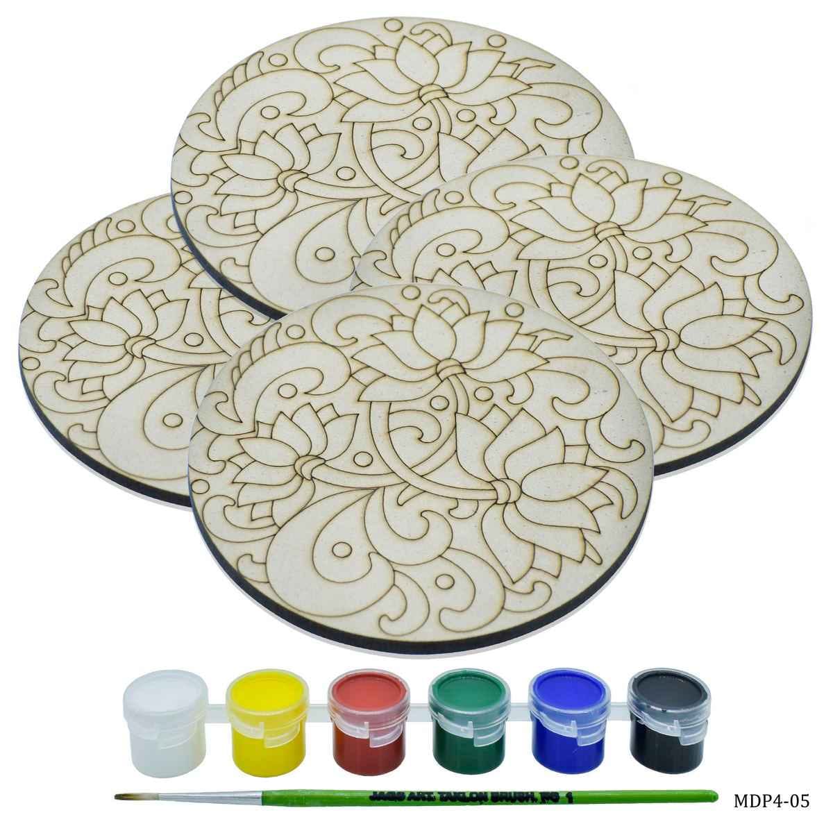 MDF DIY Painting Kit Round 3 Lotus 4 Inch 4Pcs Set, 1 Brush & 6 Water Colors MDP4-05