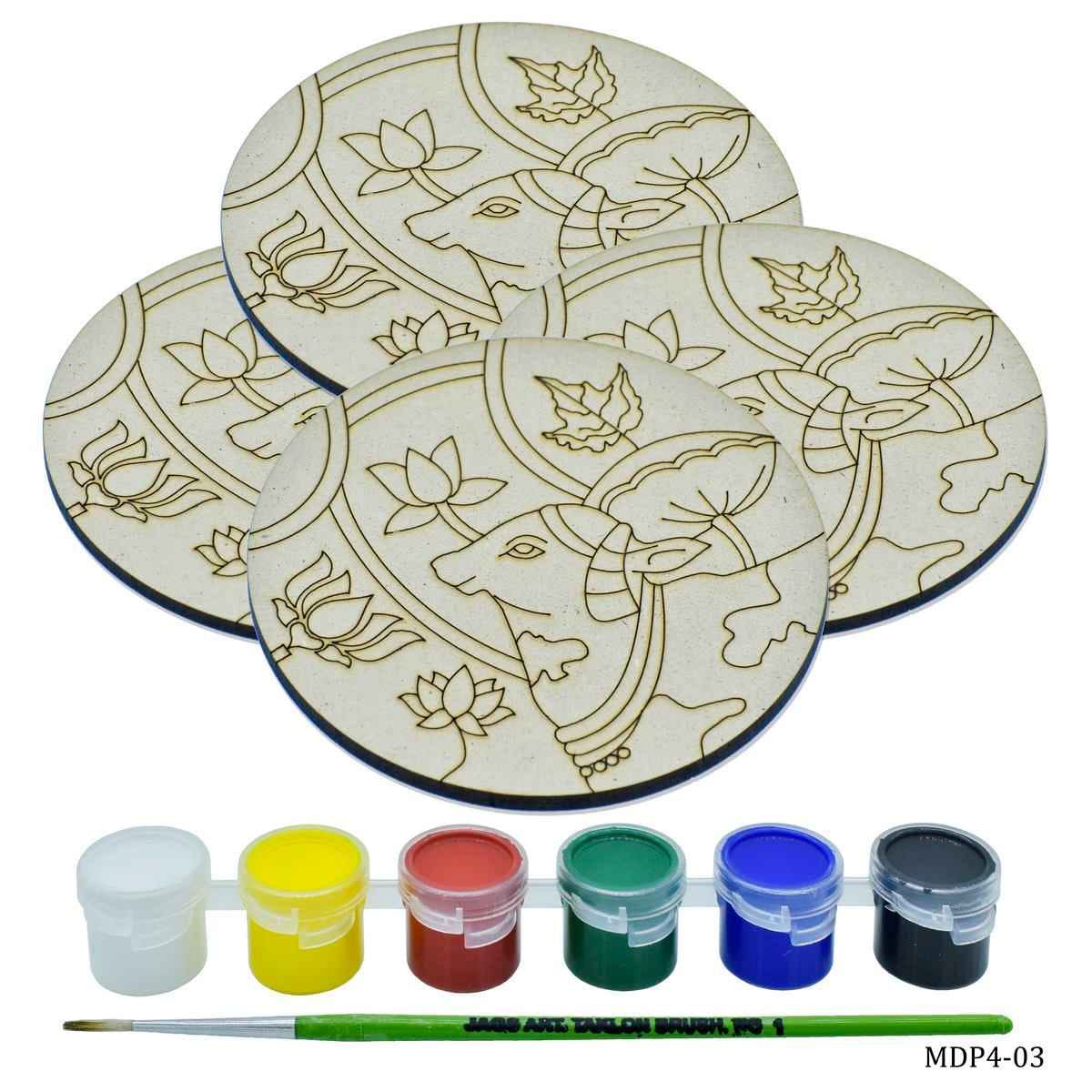 MDF DIY Painting Kit Round Cow 4 Inch 4Pcs Set, 1 Brush & 6 Water Colors MDP4-03