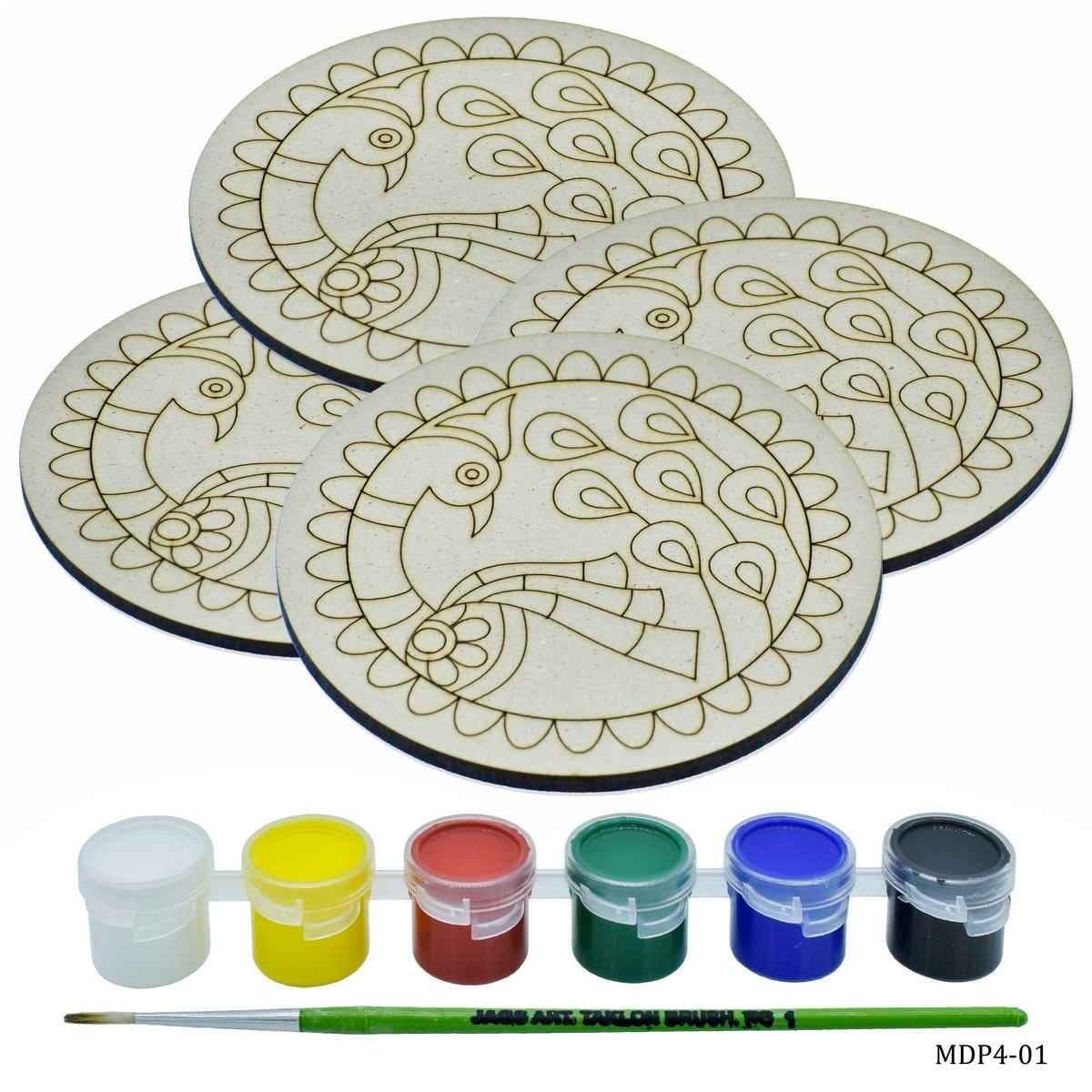 MDF DIY Painting Kit Round Peacock WF 4 Inch 4 Pc Set, 1 Brush & 6 Water Colours MDP4-01