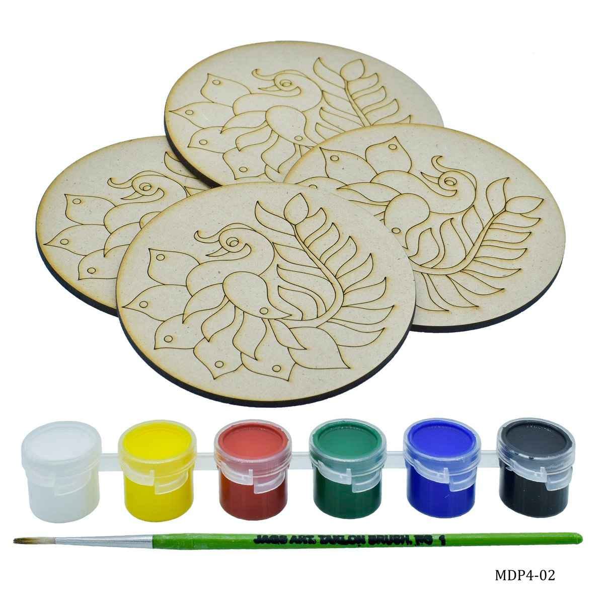 MDF DIY Painting Kit Round Peacock WL 4 Inch 4 Pcs Set,1 Brush & 6 Water Colors MDP4-02