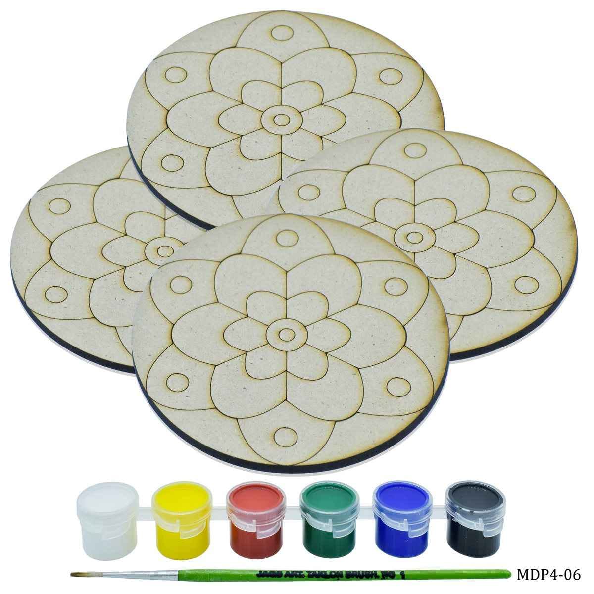 MDF DIY Painting Kit Round Rangoli 4 Inch 4 Pcs Set, 1 Brush & 6 Water Colors MDP4-06