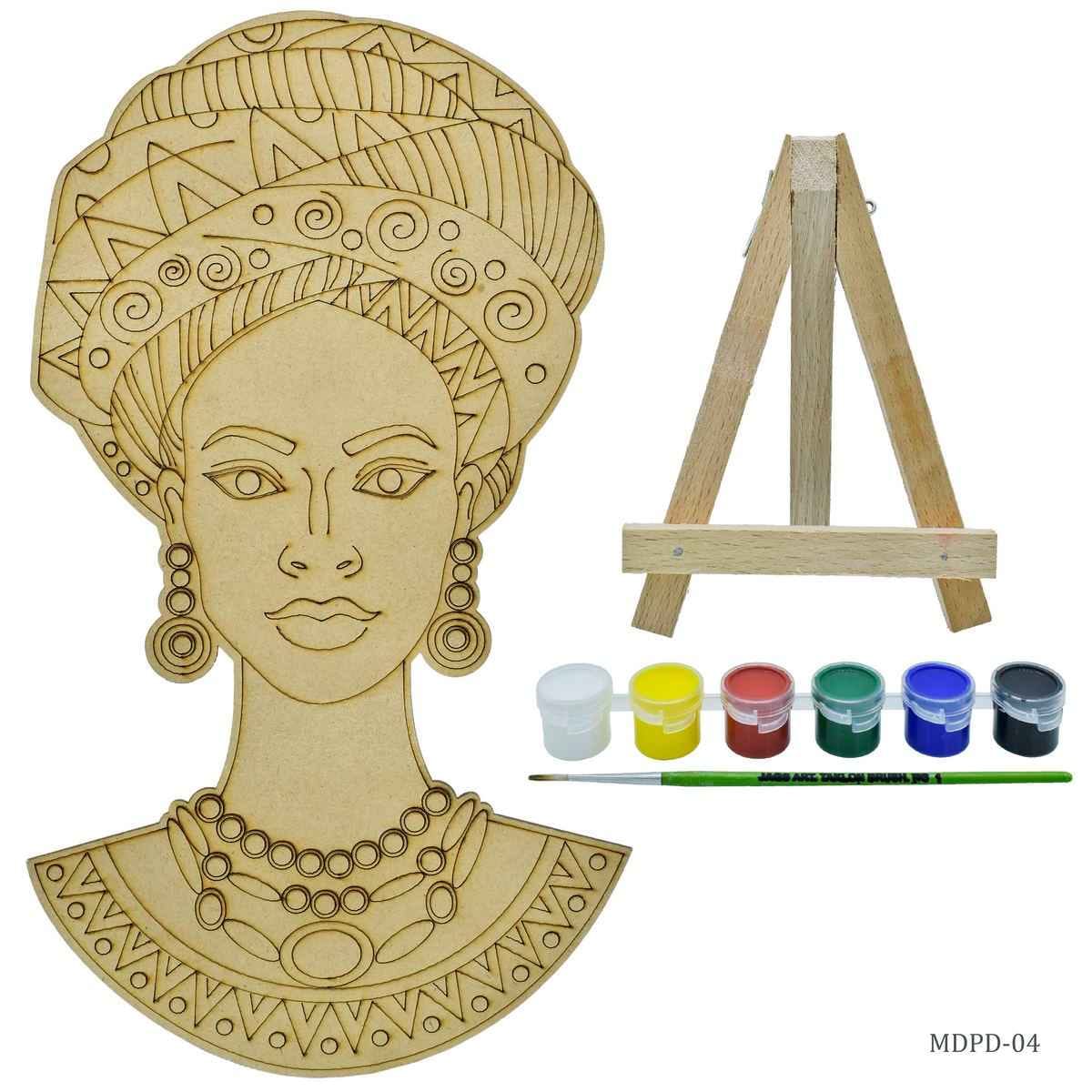 MDF DIY Painting Plate Kit Girl Design, 5 Inch Easel, 1 Brush (Size: 4) & 6 Tempera Colors MDPD-04