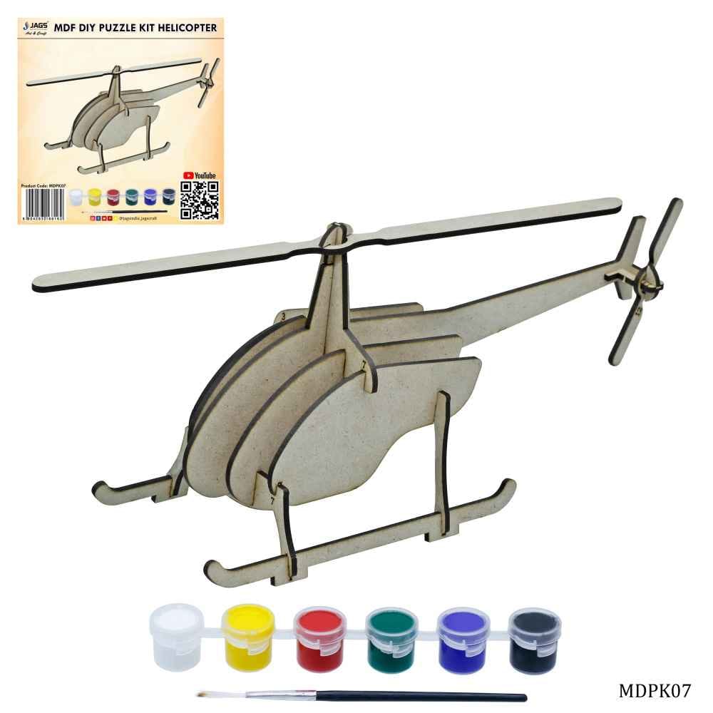 MDF DIY Puzzle Kit Helicopter, A4 Puzzle of Helicopter Cut-outs, 1 painting brush & paints MDPK07